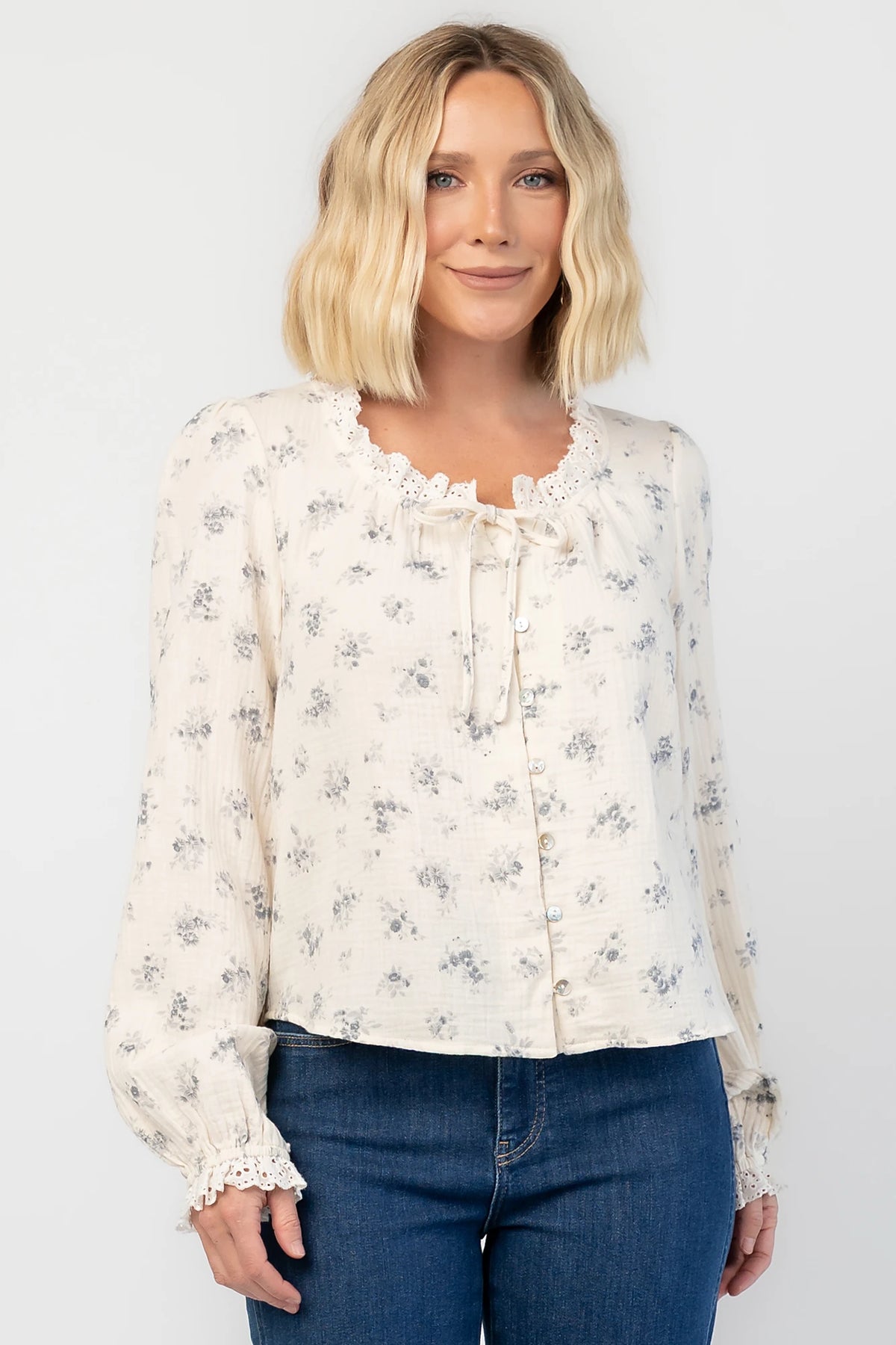Stephanie Button Front Blouse | Ivory + Blue Floral