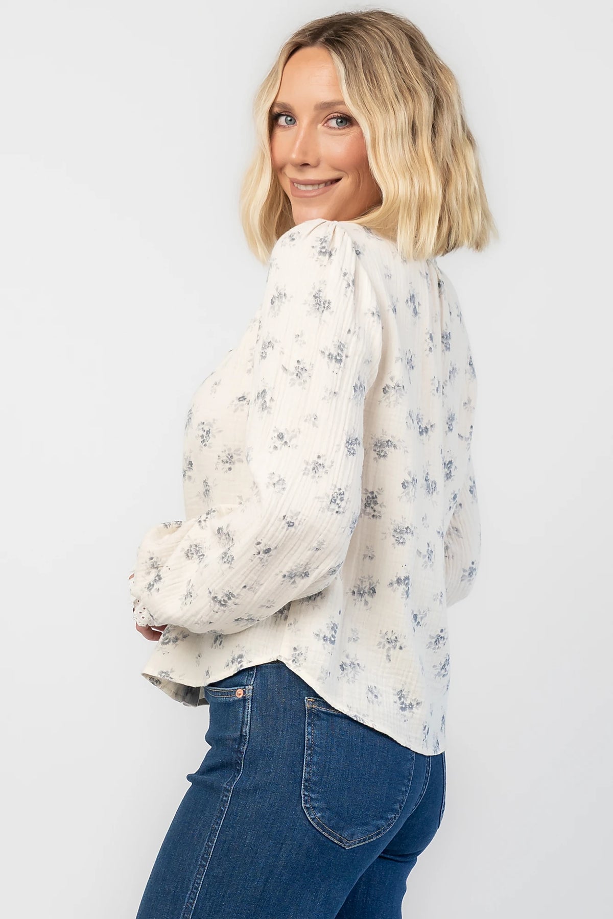 Stephanie Button Front Blouse | Ivory + Blue Floral