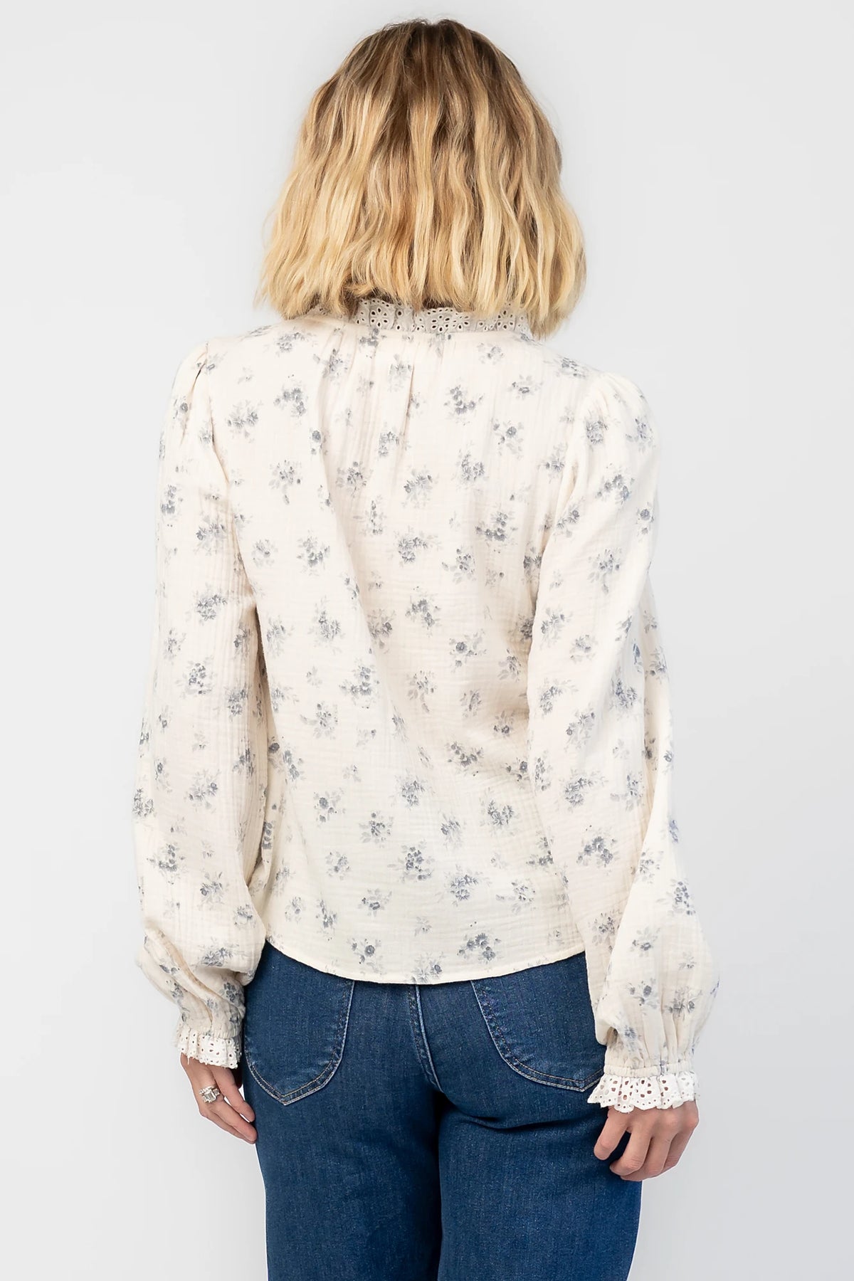 Stephanie Button Front Blouse | Ivory + Blue Floral