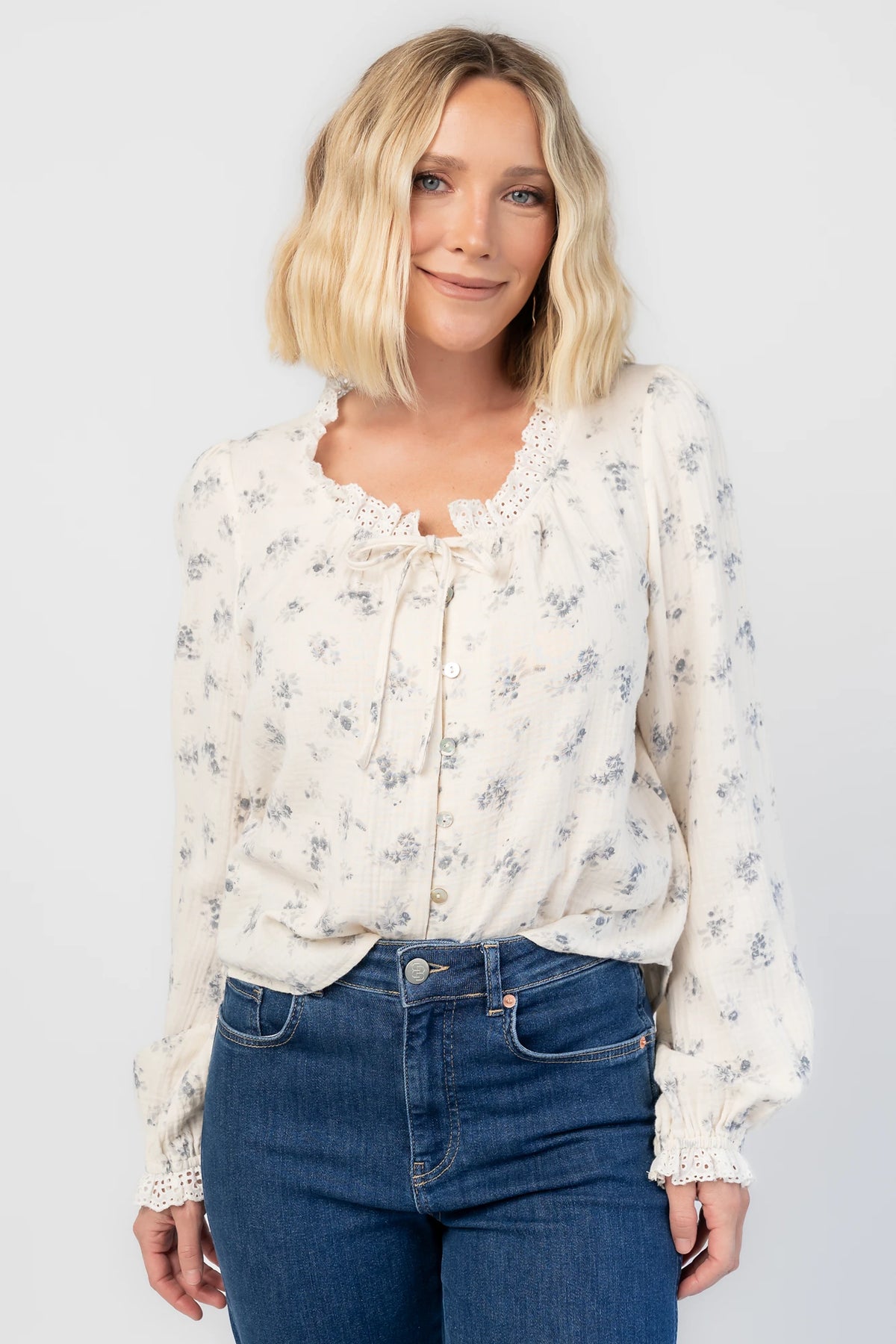Stephanie Button Front Blouse | Ivory + Blue Floral