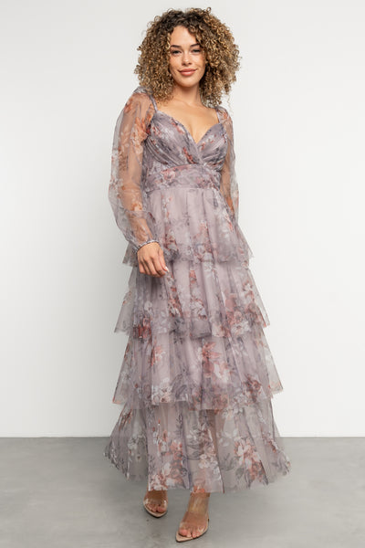 fitted lace wedding dress Baltic Born Womens Tessa Tiered Maxi Dress | Lilac Gray Floral