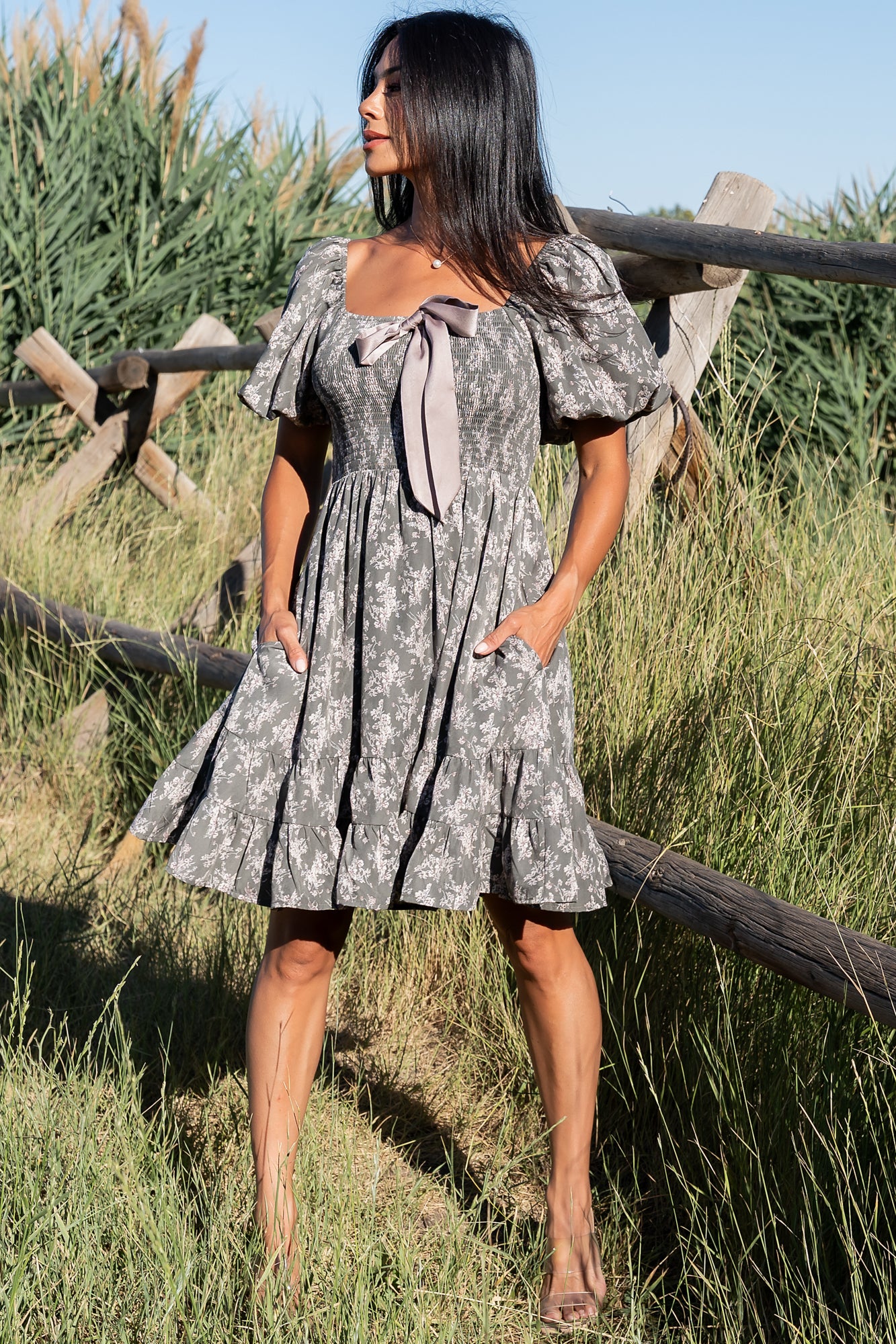 short dress with bow Anastasia Bow Short Dress — Dusty Olive Floral
