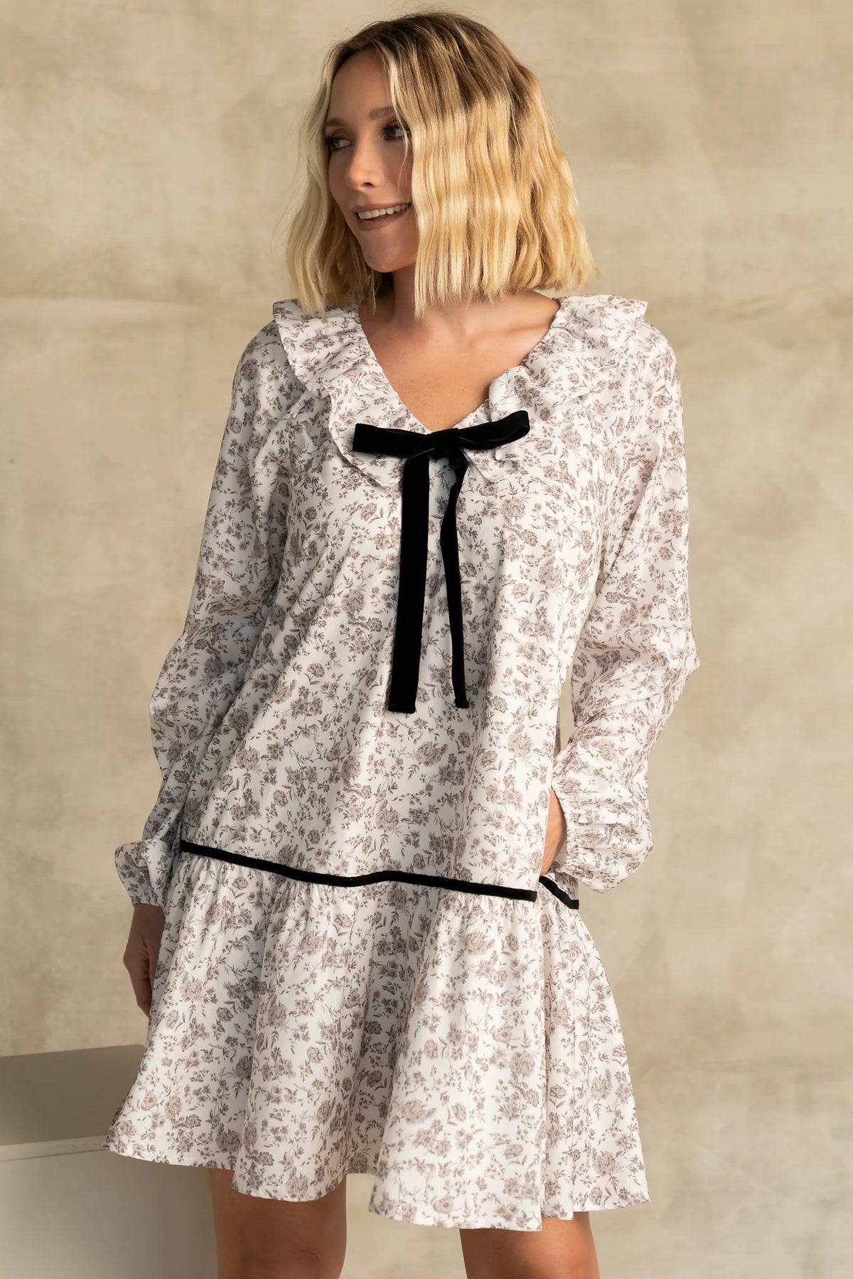 Caprice Bow Front Short Dress | Ivory Floral