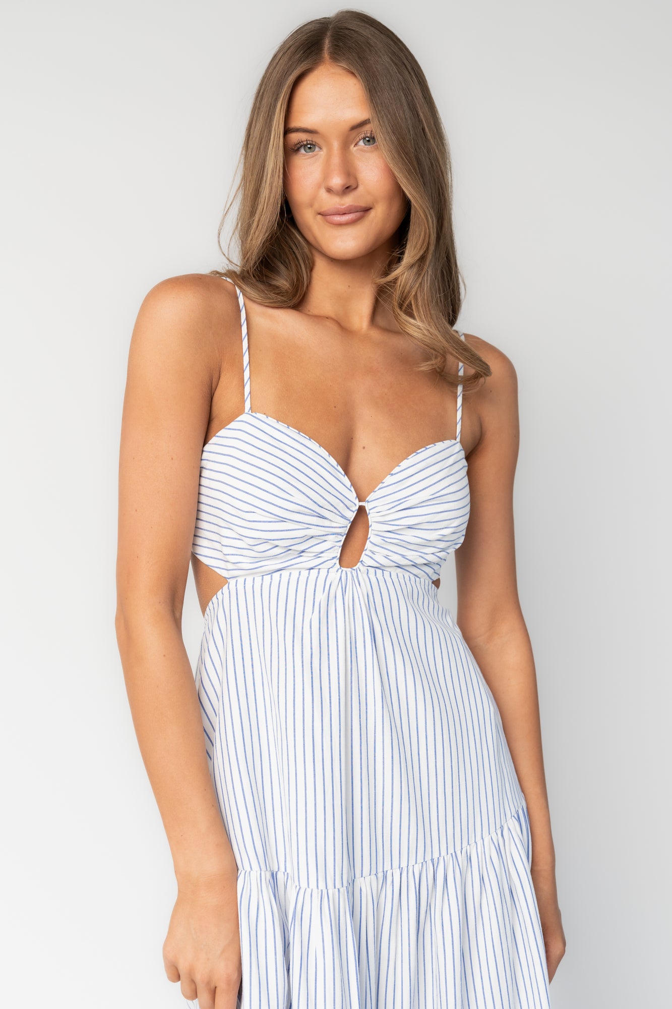Baltic Born Womens Ramos Tiered Maxi Dress | White + Blue Stripe | Size: Large Baltic Born Womens Ramos Tiered Maxi Dress | White + Blue Stripe | Size: Large