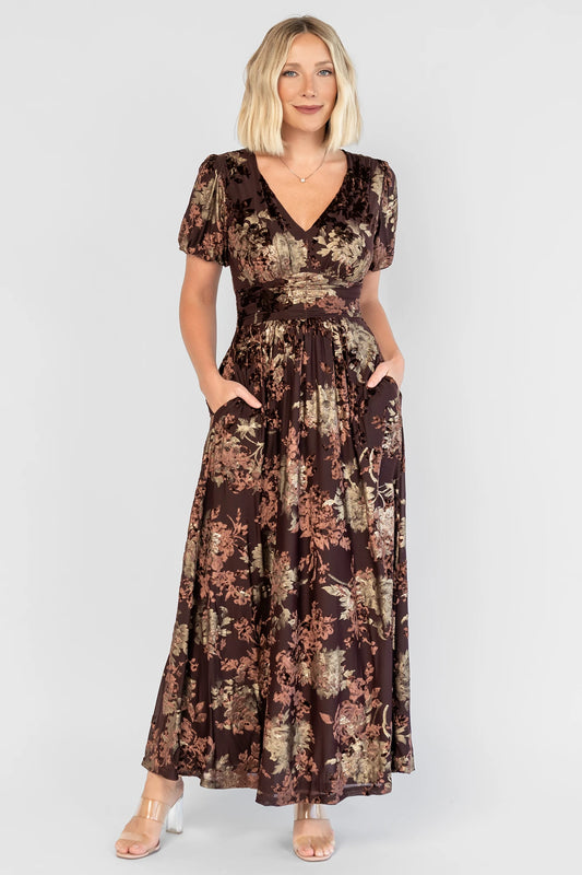 Leslie Velvet Maxi Dress | Brown + Metallic Gold