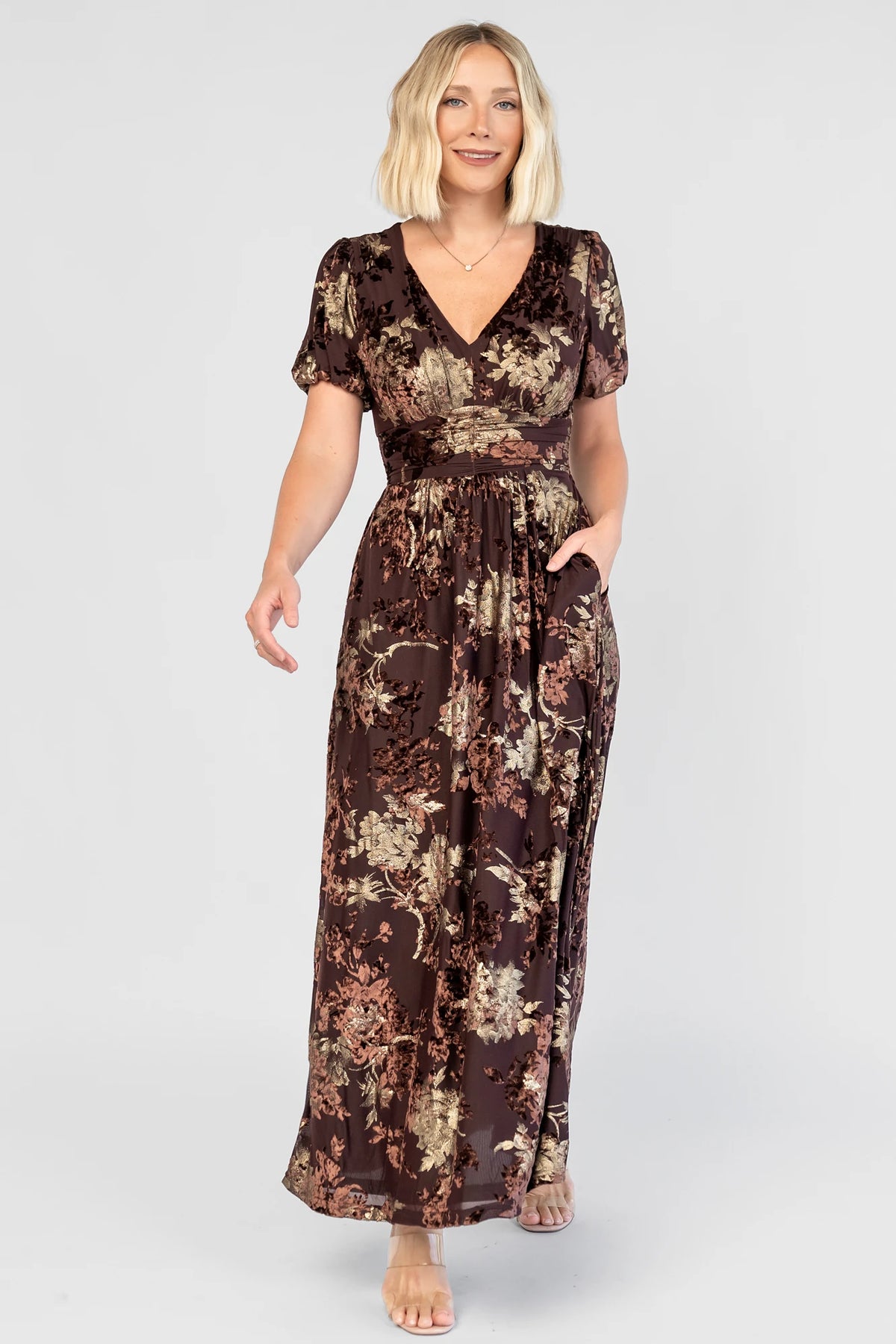 Leslie Velvet Maxi Dress | Brown + Metallic Gold