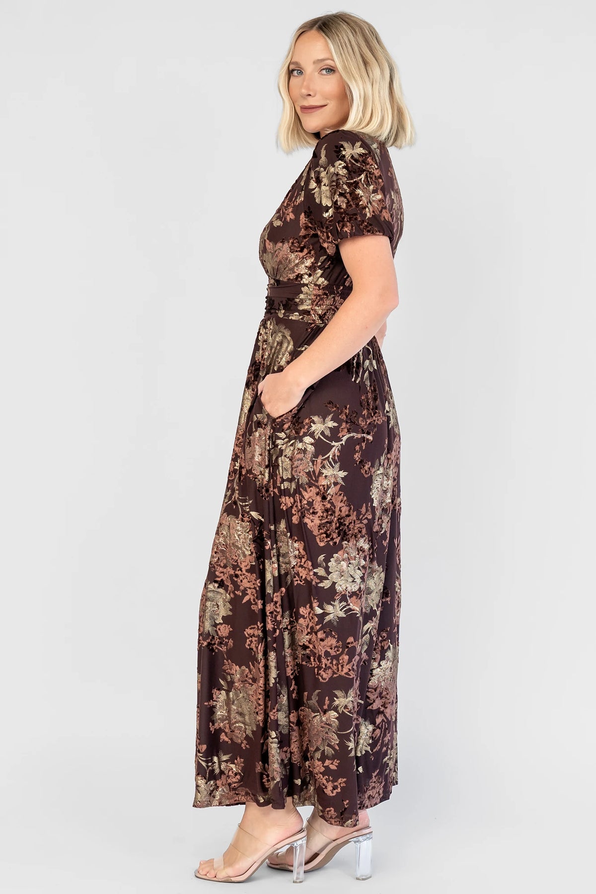 Leslie Velvet Maxi Dress | Brown + Metallic Gold