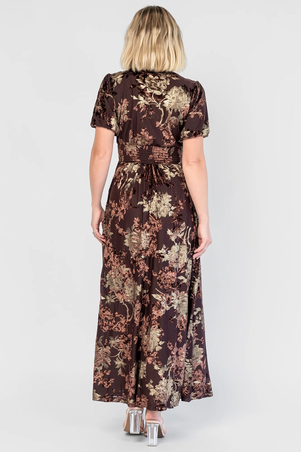 Leslie Velvet Maxi Dress | Brown + Metallic Gold