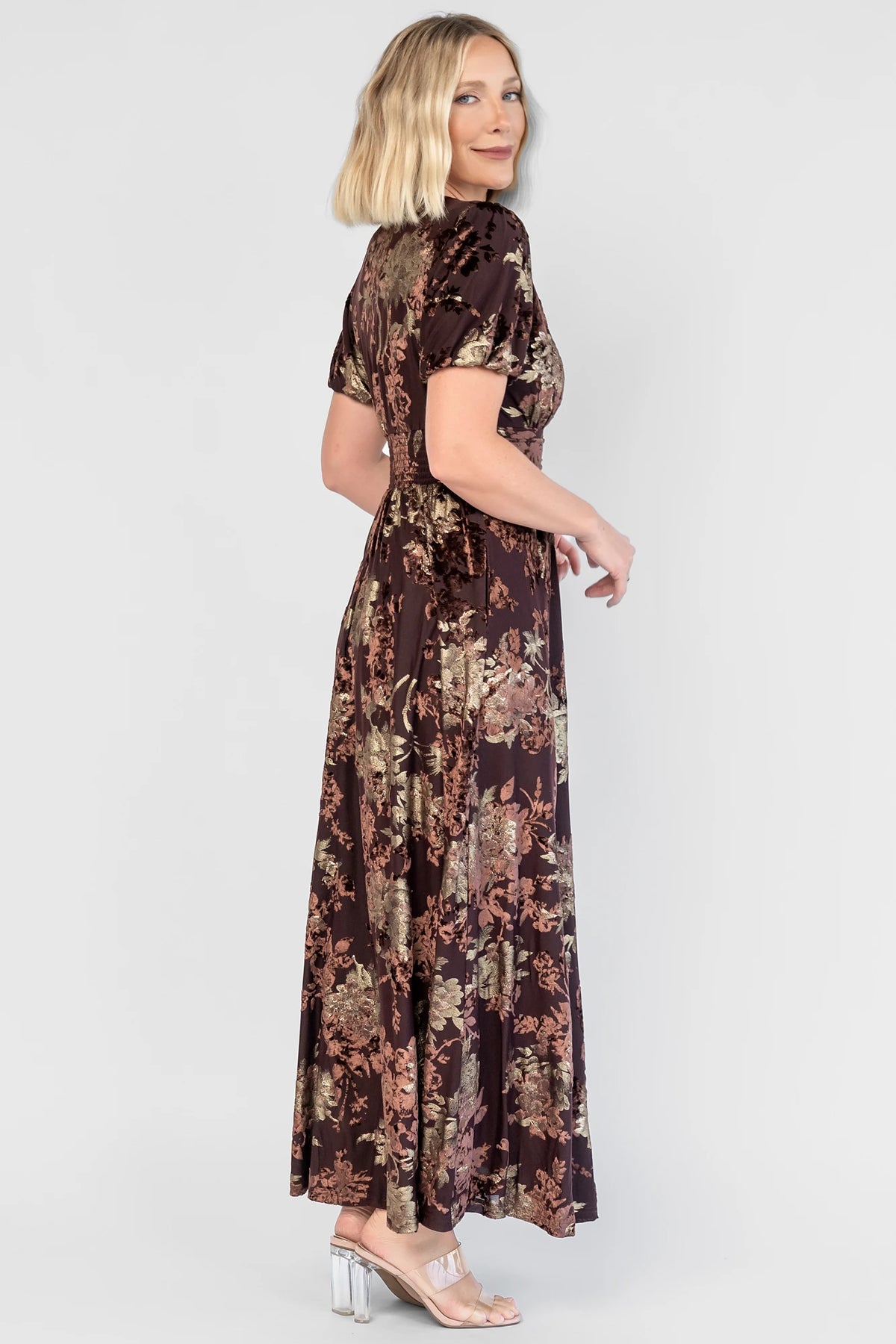 Leslie Velvet Maxi Dress | Brown + Metallic Gold