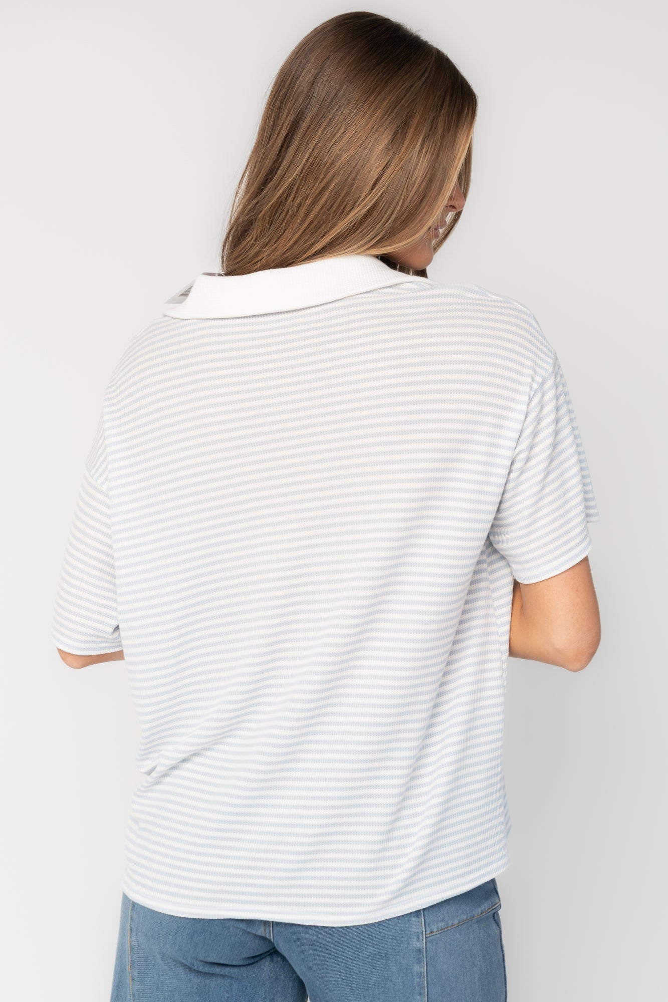 Billie Open Collar Top | Light Blue + White