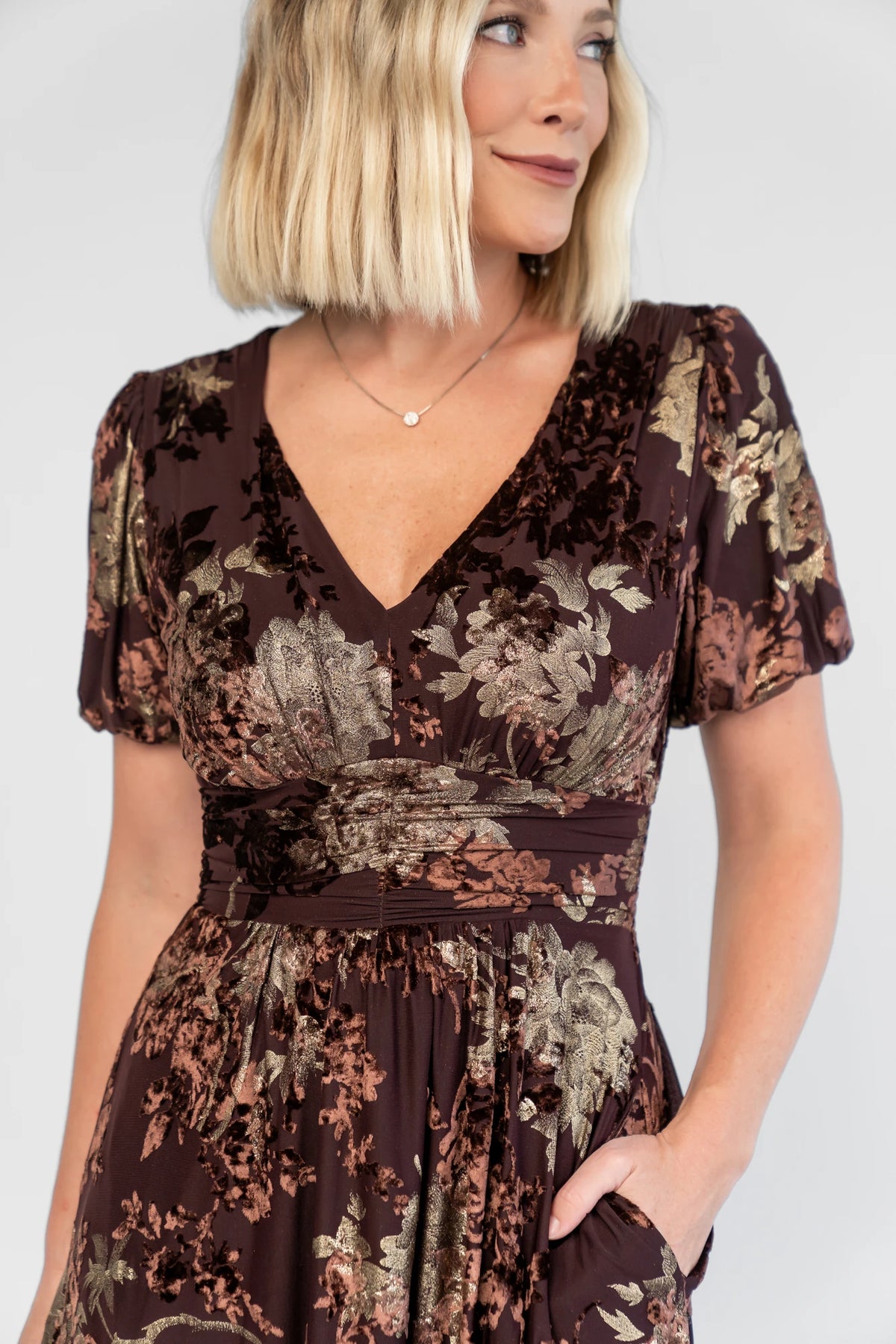 Leslie Velvet Maxi Dress | Brown + Metallic Gold