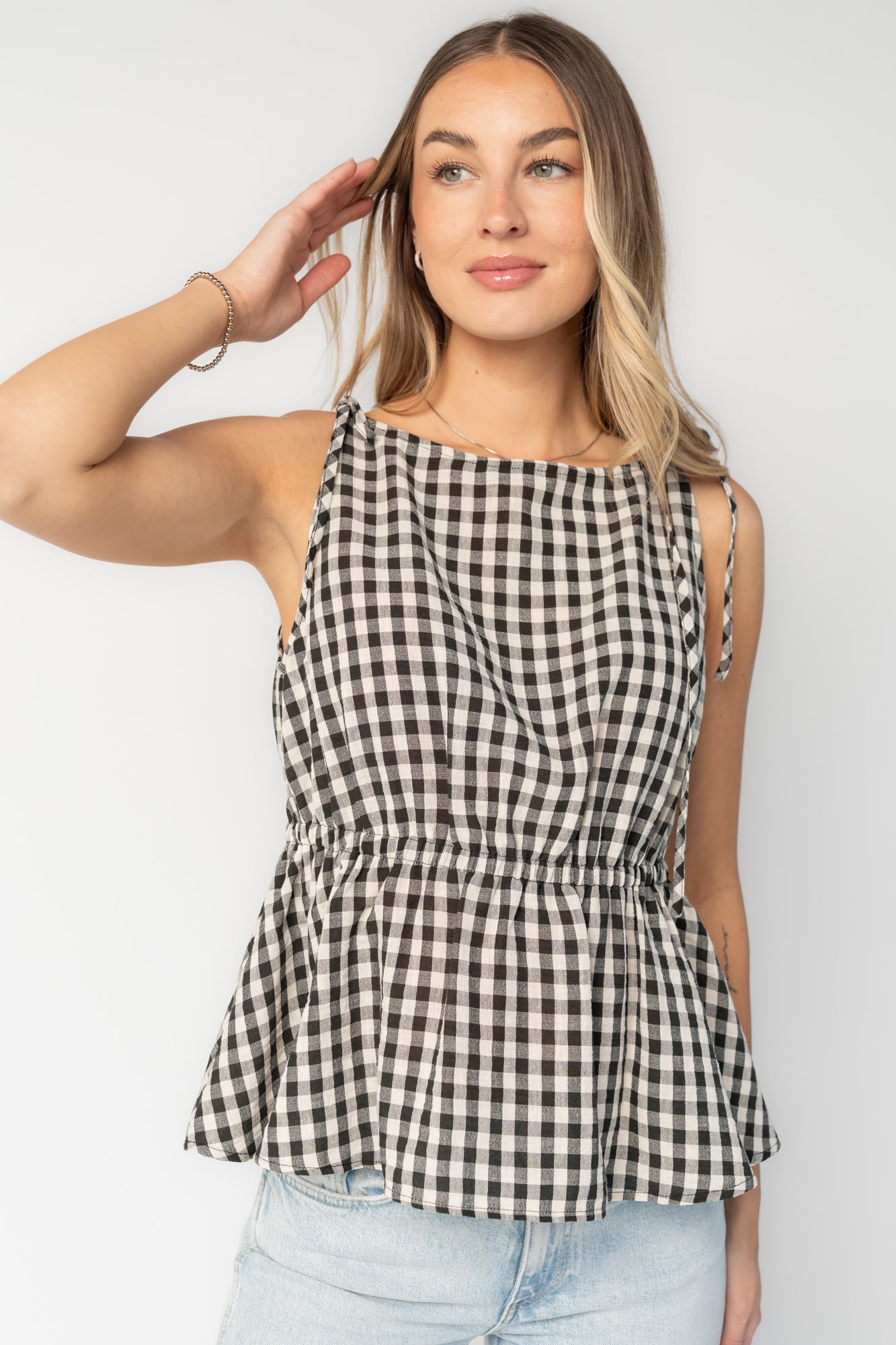 Lane Gingham Peplum Top | Black + Off White