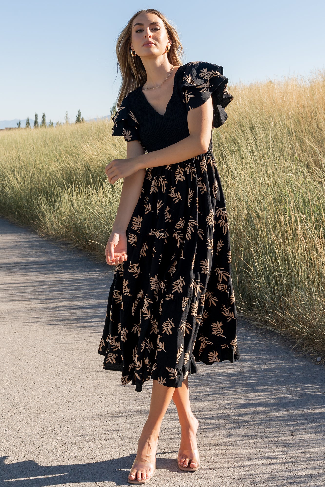 black smocked midi dress Lorelai Black Smocked Tiered Midi Dress