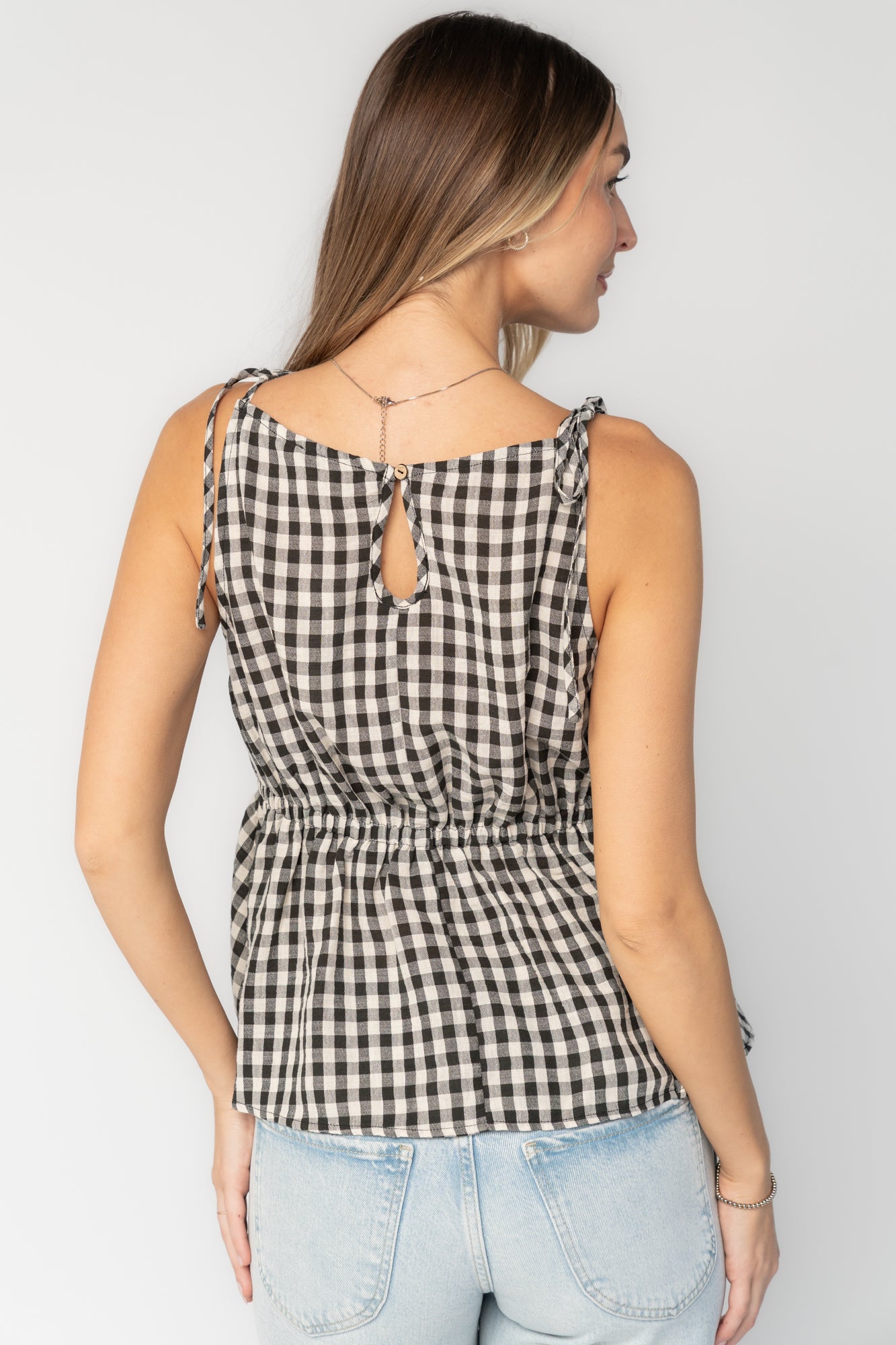 Lane Gingham Peplum Top | Black + Off White
