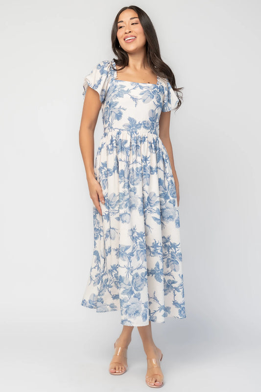 Darlene Dress | Ivory + Blue Floral