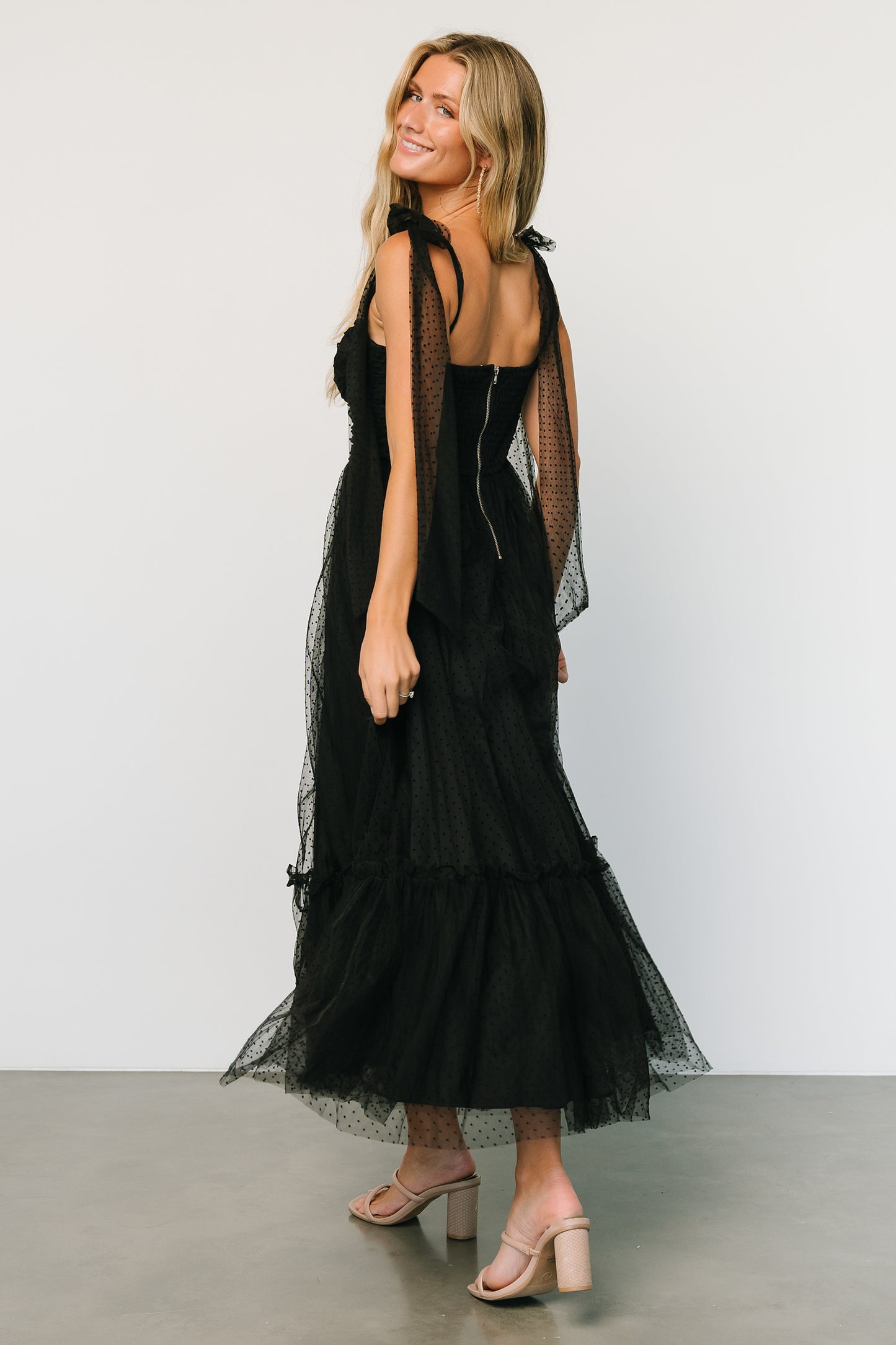 Mavani Swiss Dot Tulle Maxi Dress | Black