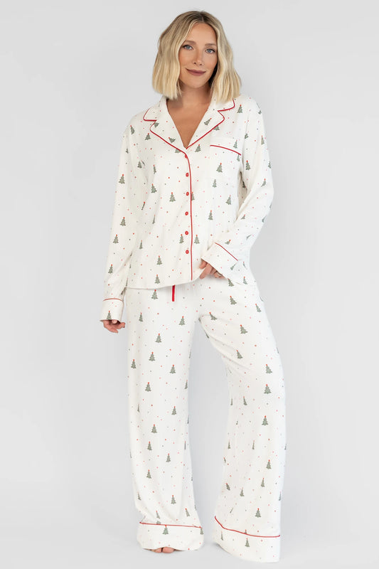 Holiday Cozy Rib Knit Pajamas | Ivory + Evergreen