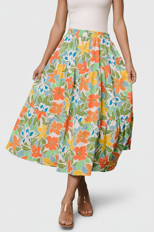 Nika Tiered Skirt | Orange + Blue Floral