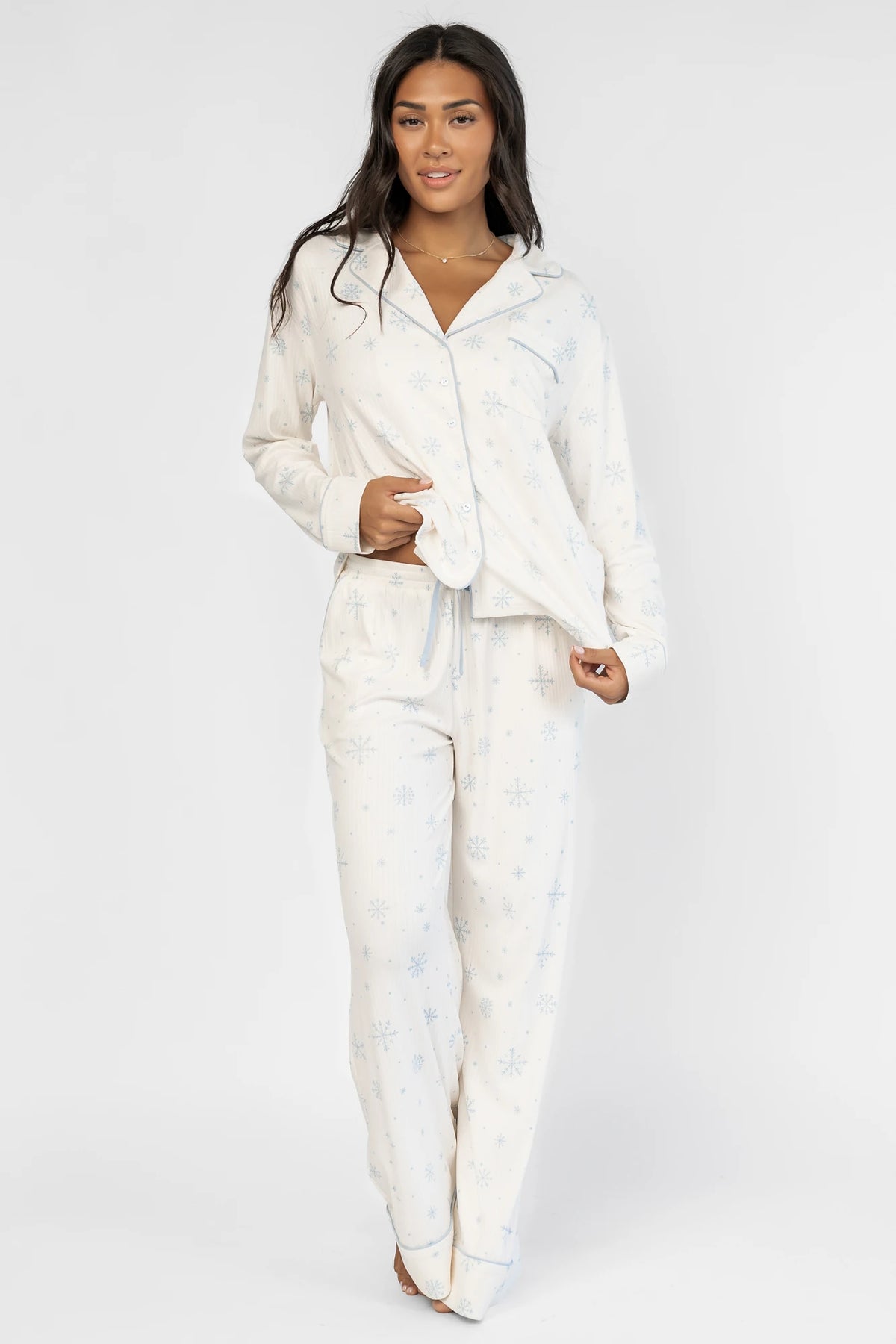 Holiday Cozy Rib Knit Pajamas | Ivory + Ice Blue