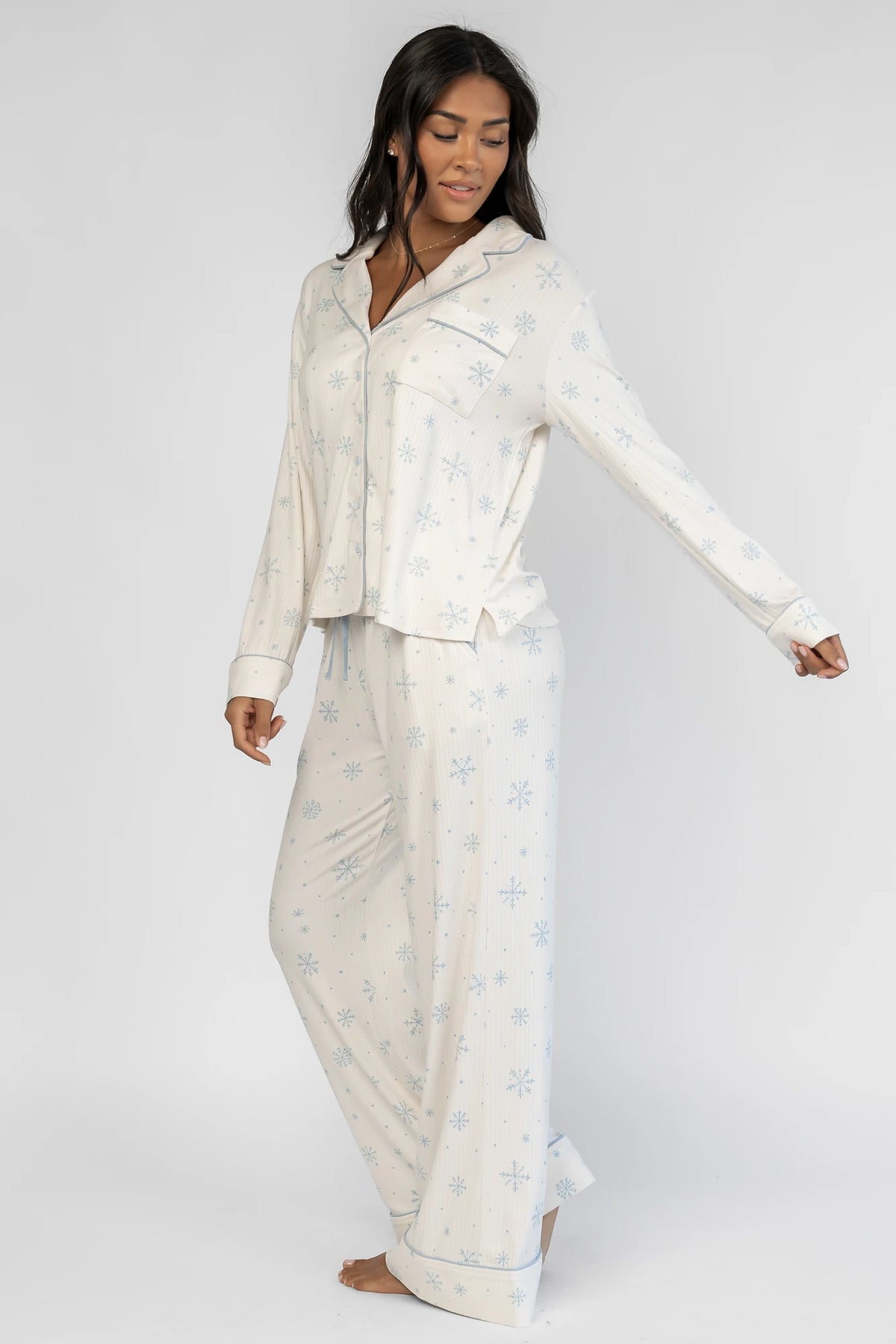 Holiday Cozy Rib Knit Pajamas | Ivory + Ice Blue
