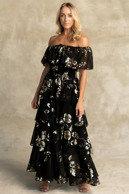 Carina Off Shoulder Maxi Dress | Black + Gold