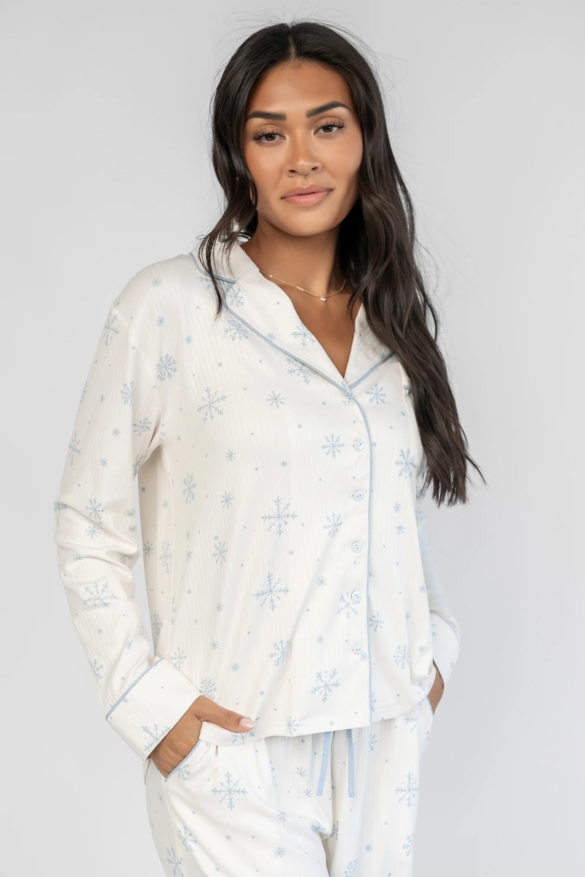 Holiday Cozy Rib Knit Pajamas | Ivory + Ice Blue