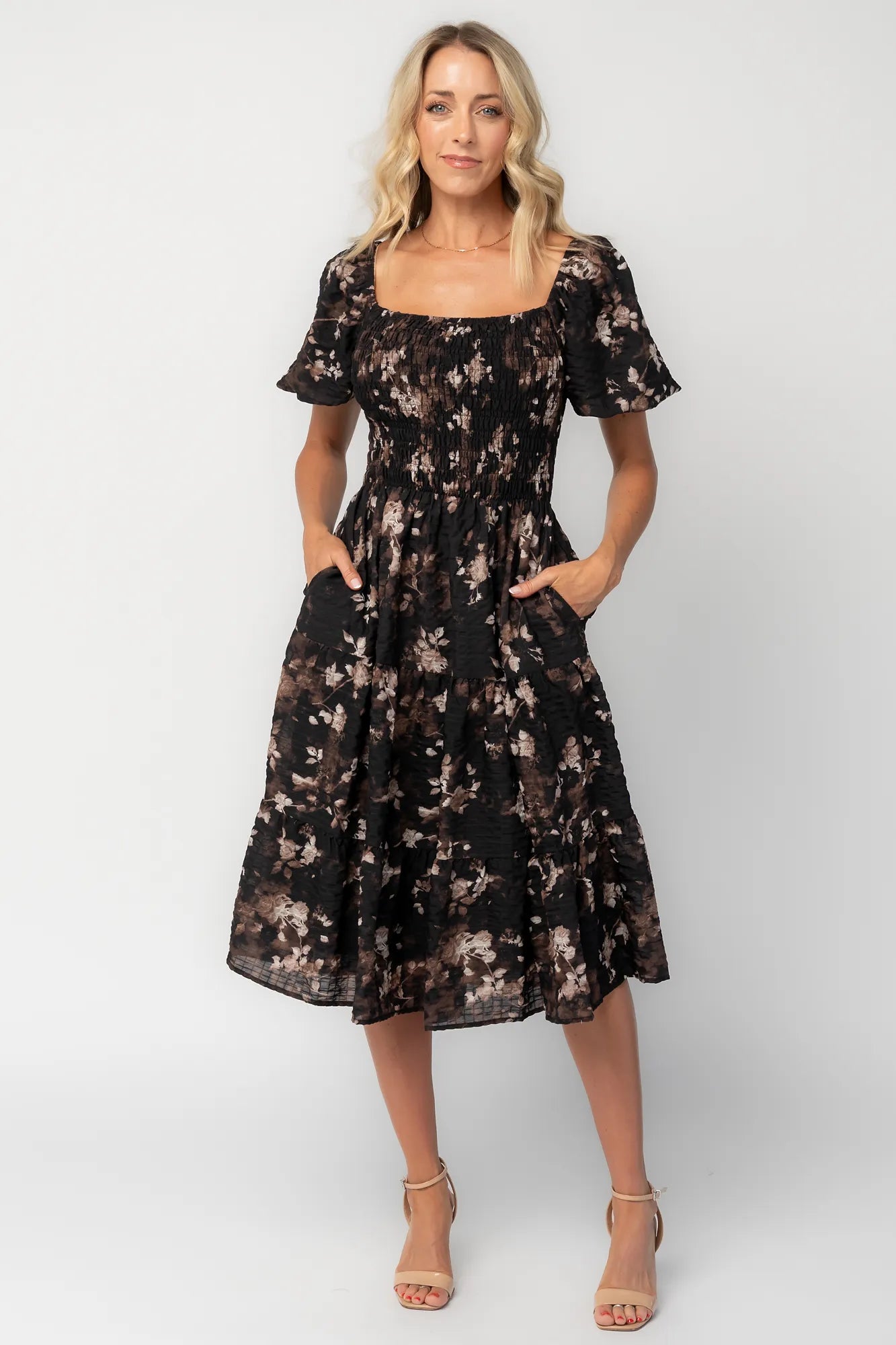 Mattea Smocked Midi Dress | Black Floral