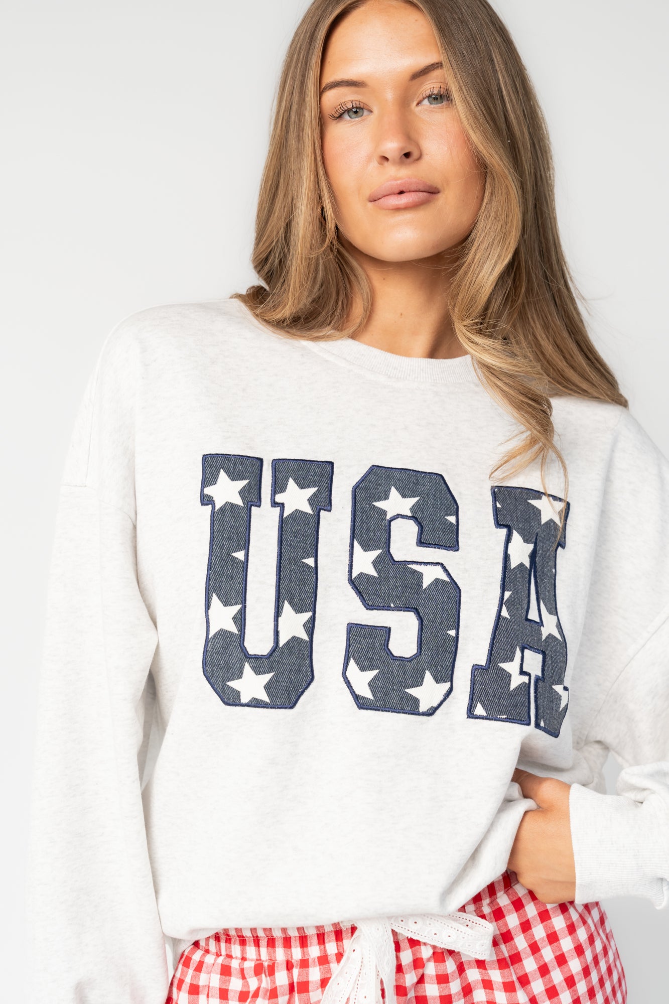 USA Crewneck | Heather Gray + Navy