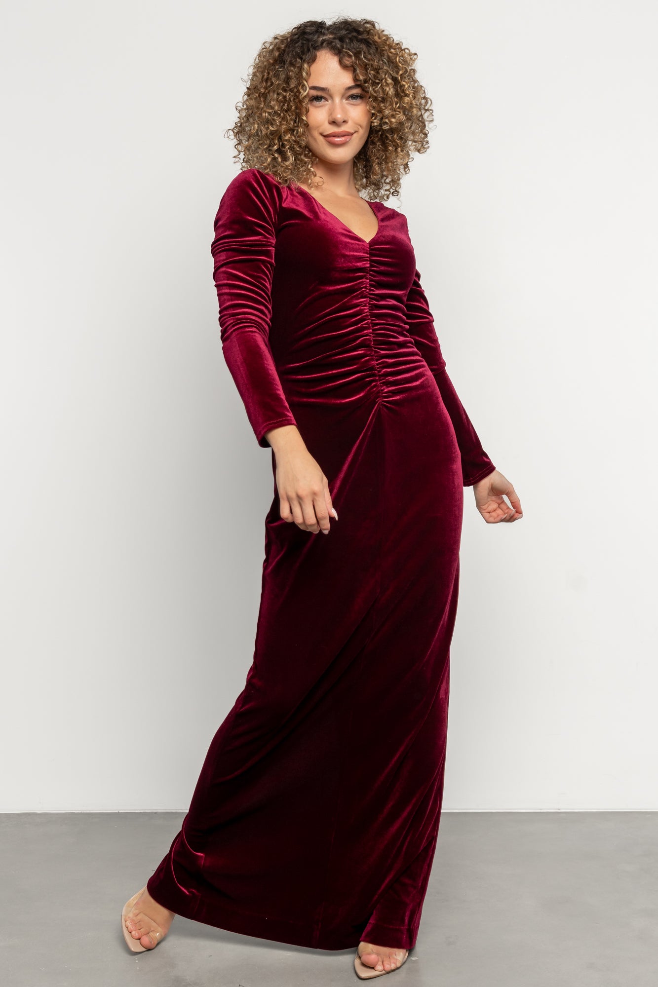 long sleeve velvet maxi dress Burgundy Floor Length Gown Elegant Fall Winter Dress Wedding Guest Dress Formal Evening Dress Custom Dress 8% Spandex Emalina Long Sleeve Velvet Maxi