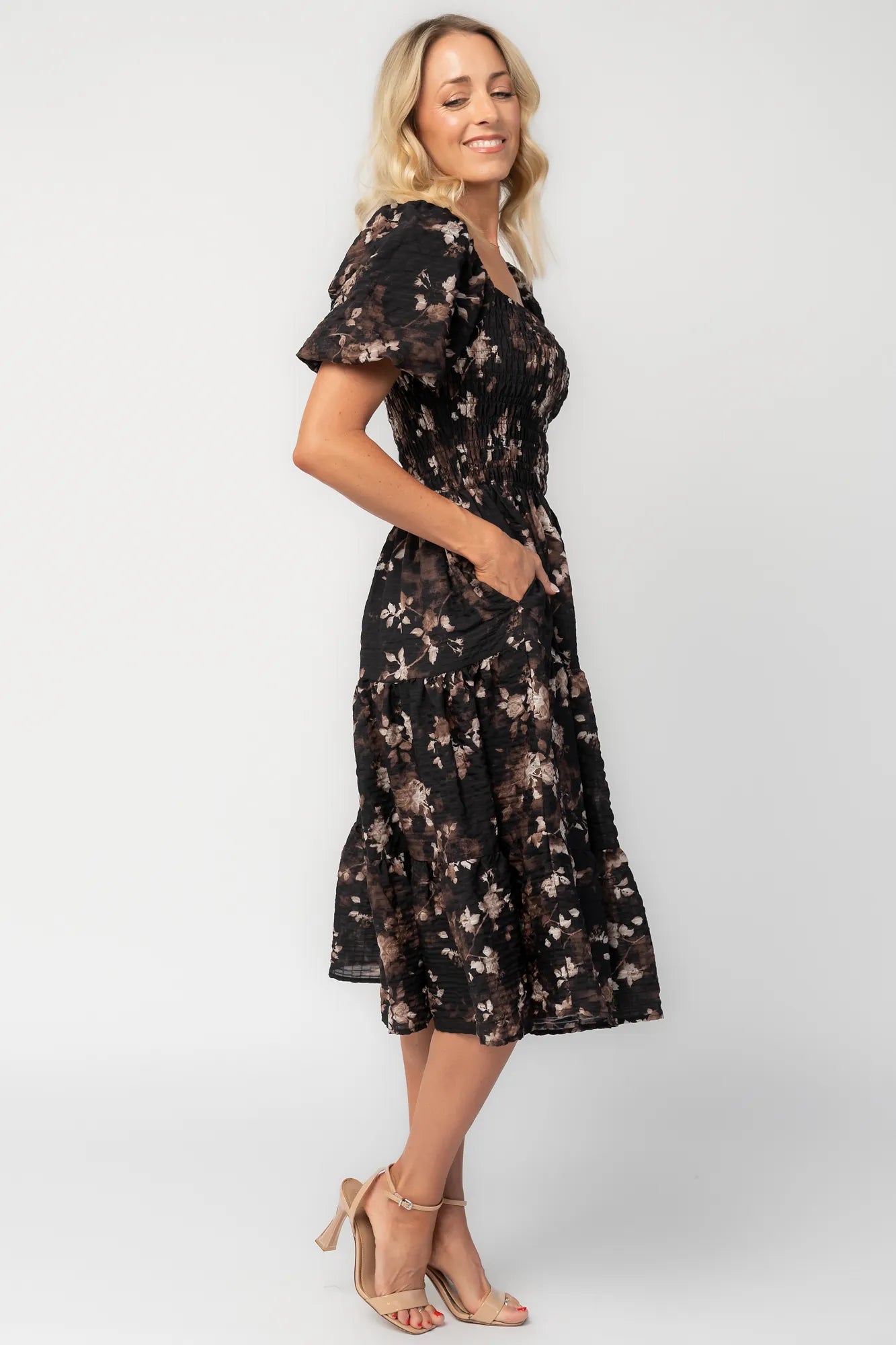 Mattea Smocked Midi Dress | Black Floral