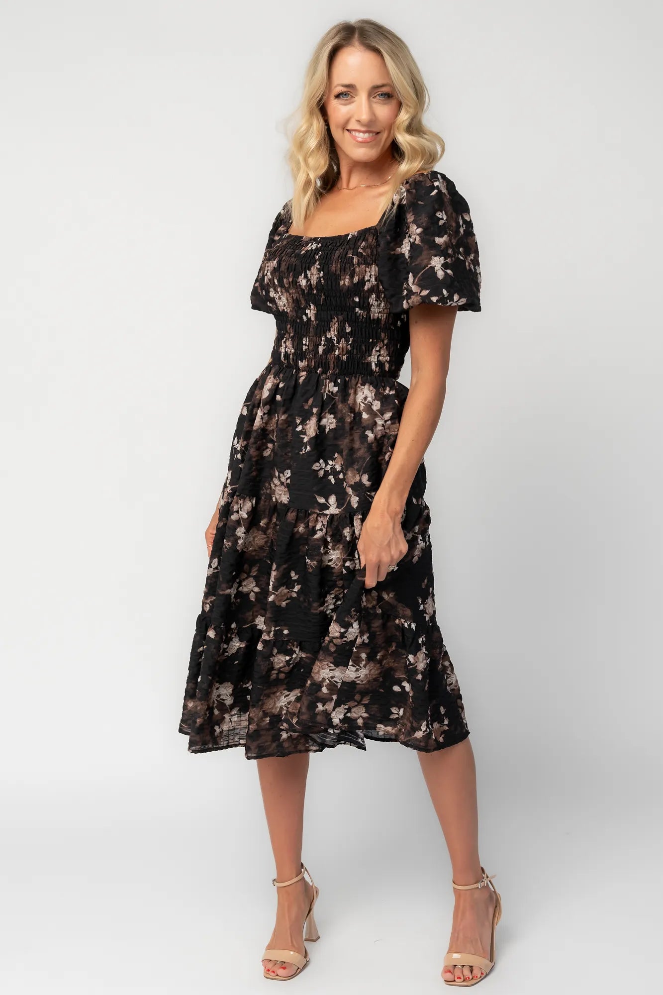 Mattea Smocked Midi Dress | Black Floral