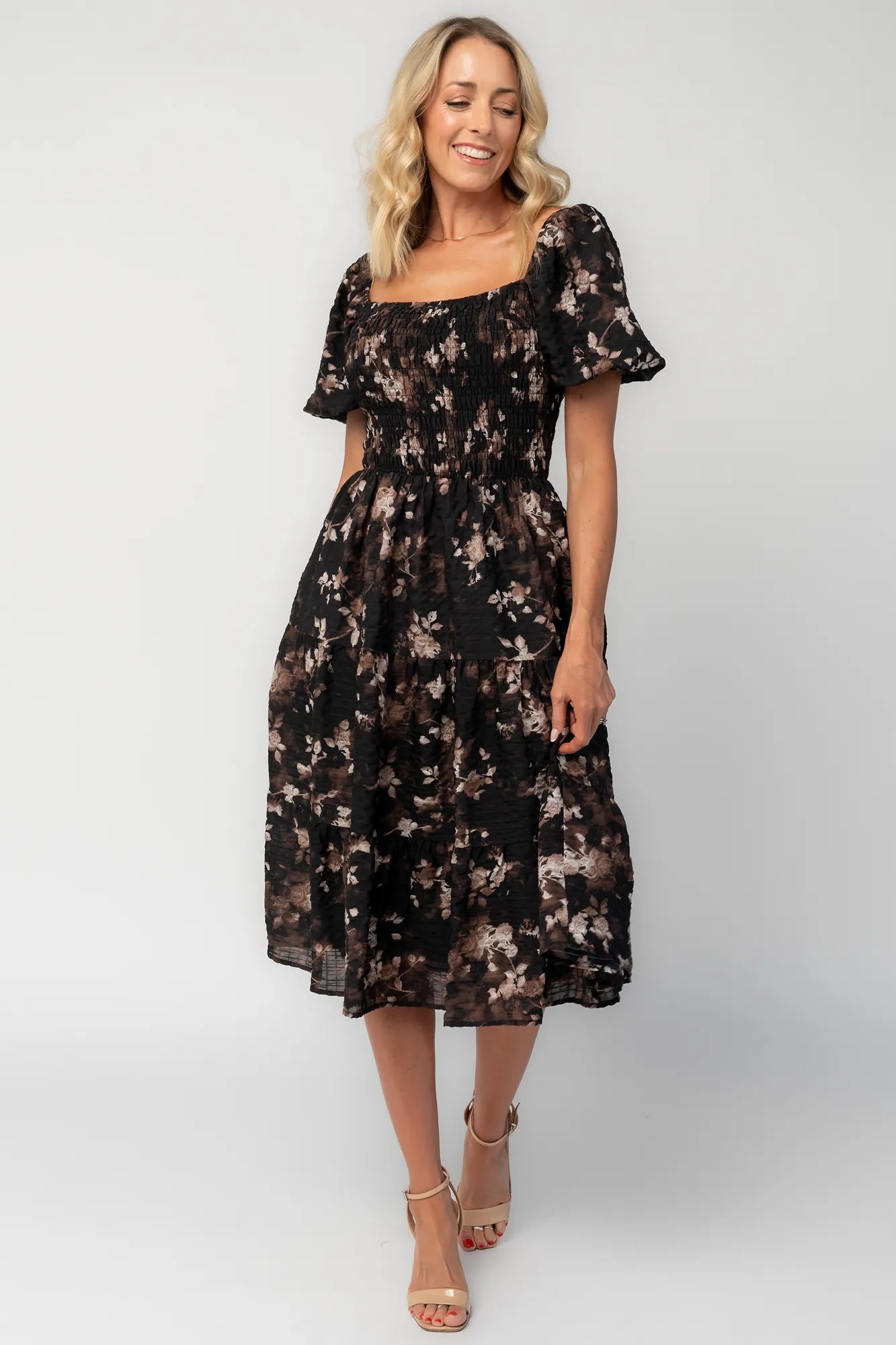 Baltic Born Womens Mattea Smocked Midi Dress | Black Floral