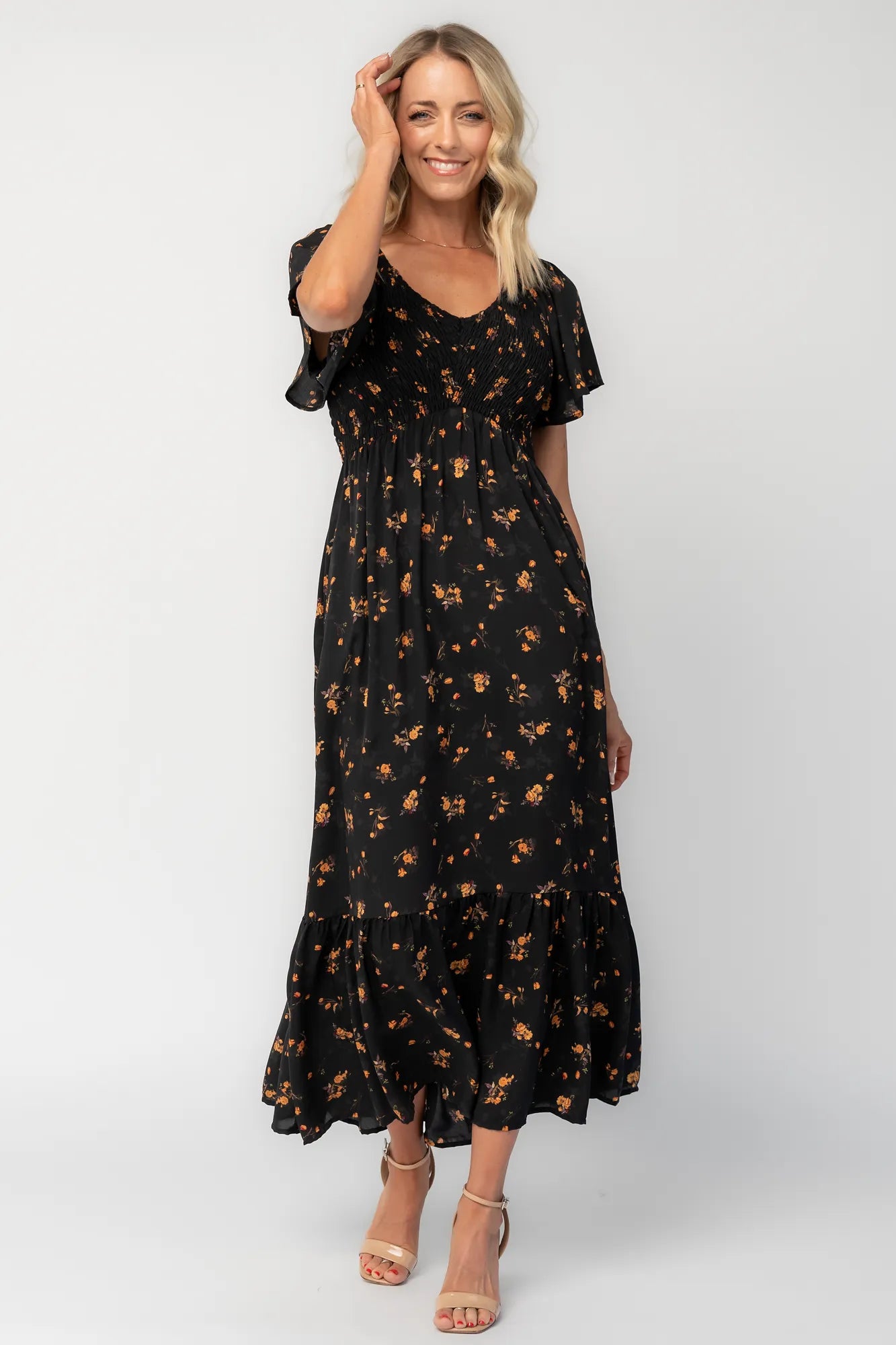 Joanie Smocked Dress | Black Golden Floral