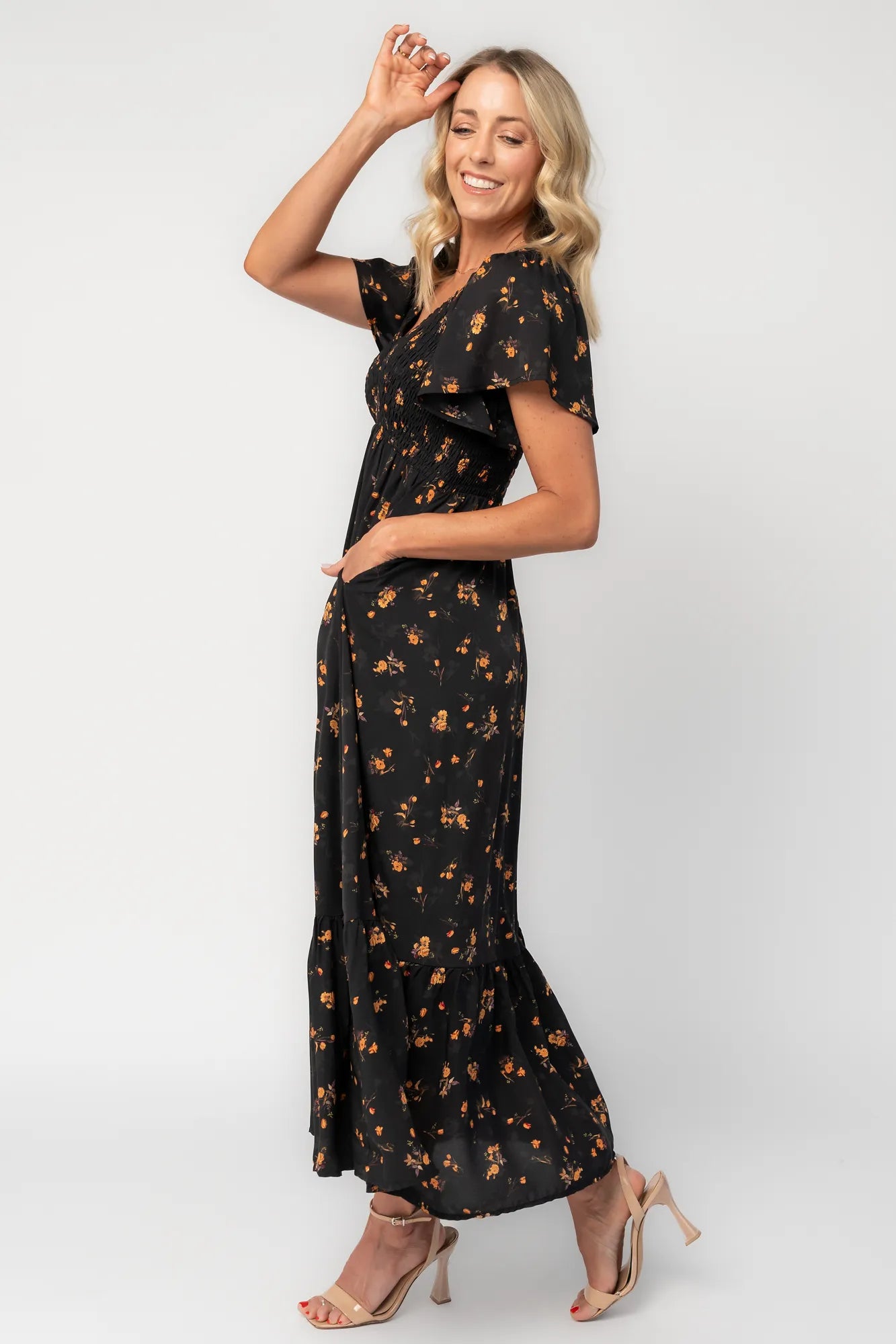 Joanie Smocked Dress | Black Golden Floral