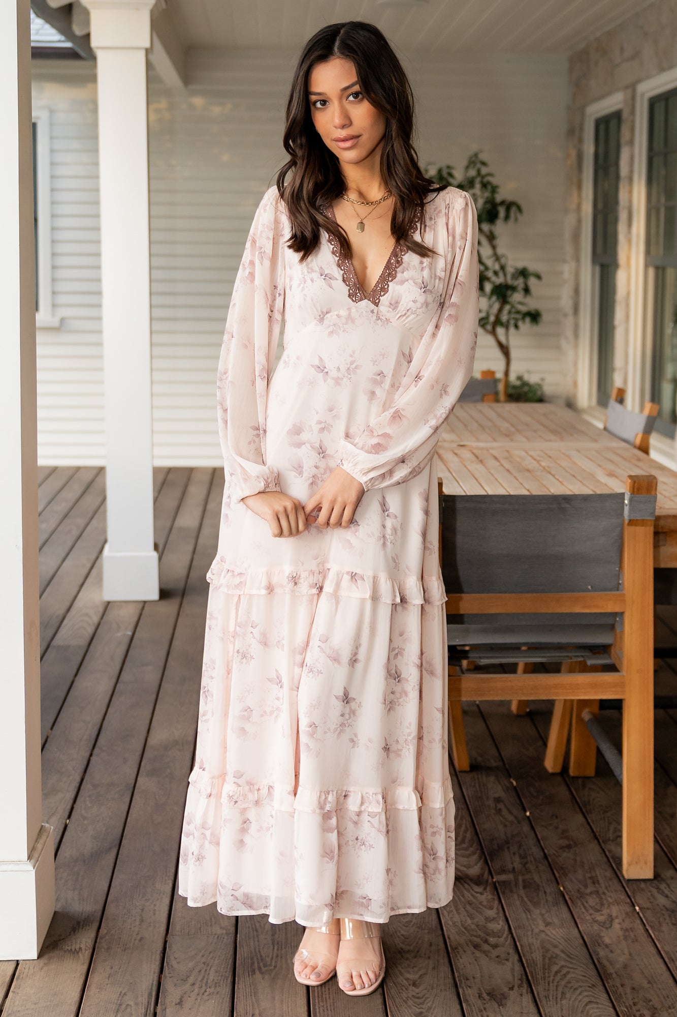 Rumi Deep V Maxi Dress Beige Clove Floral