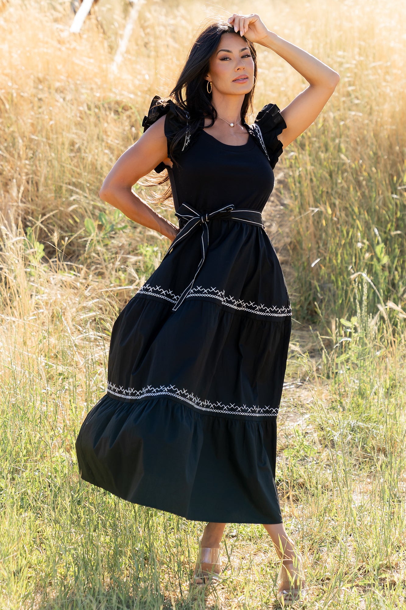 Baltic Born Womens Elisa Embroidered Midi Dress | Black
