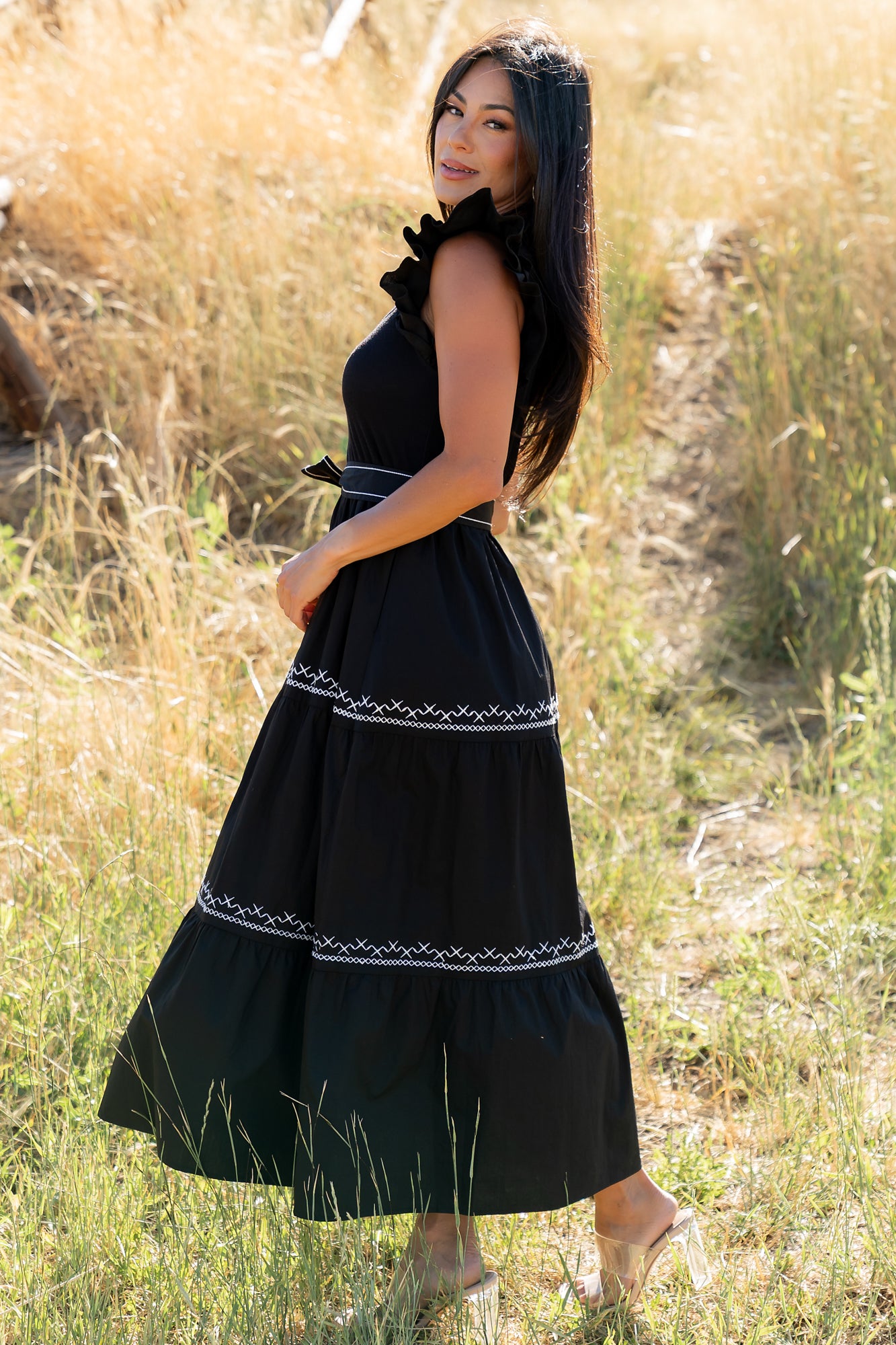 elisa midi dress Baltic Born Womens Elisa Embroidered Midi Dress | Black