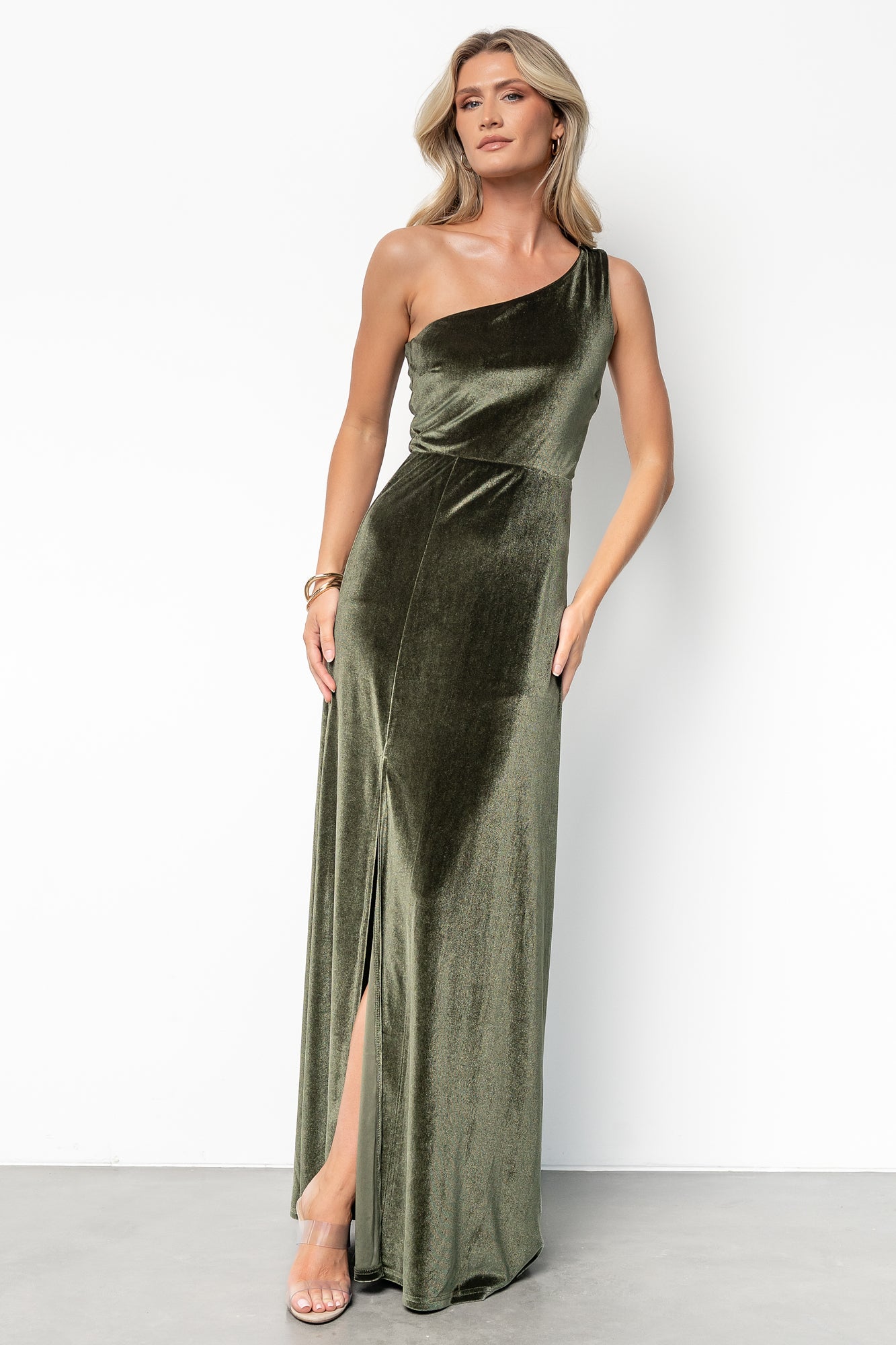 Baltic Born Womens Tatiana Velvet One Shoulder Maxi Dress | Olive