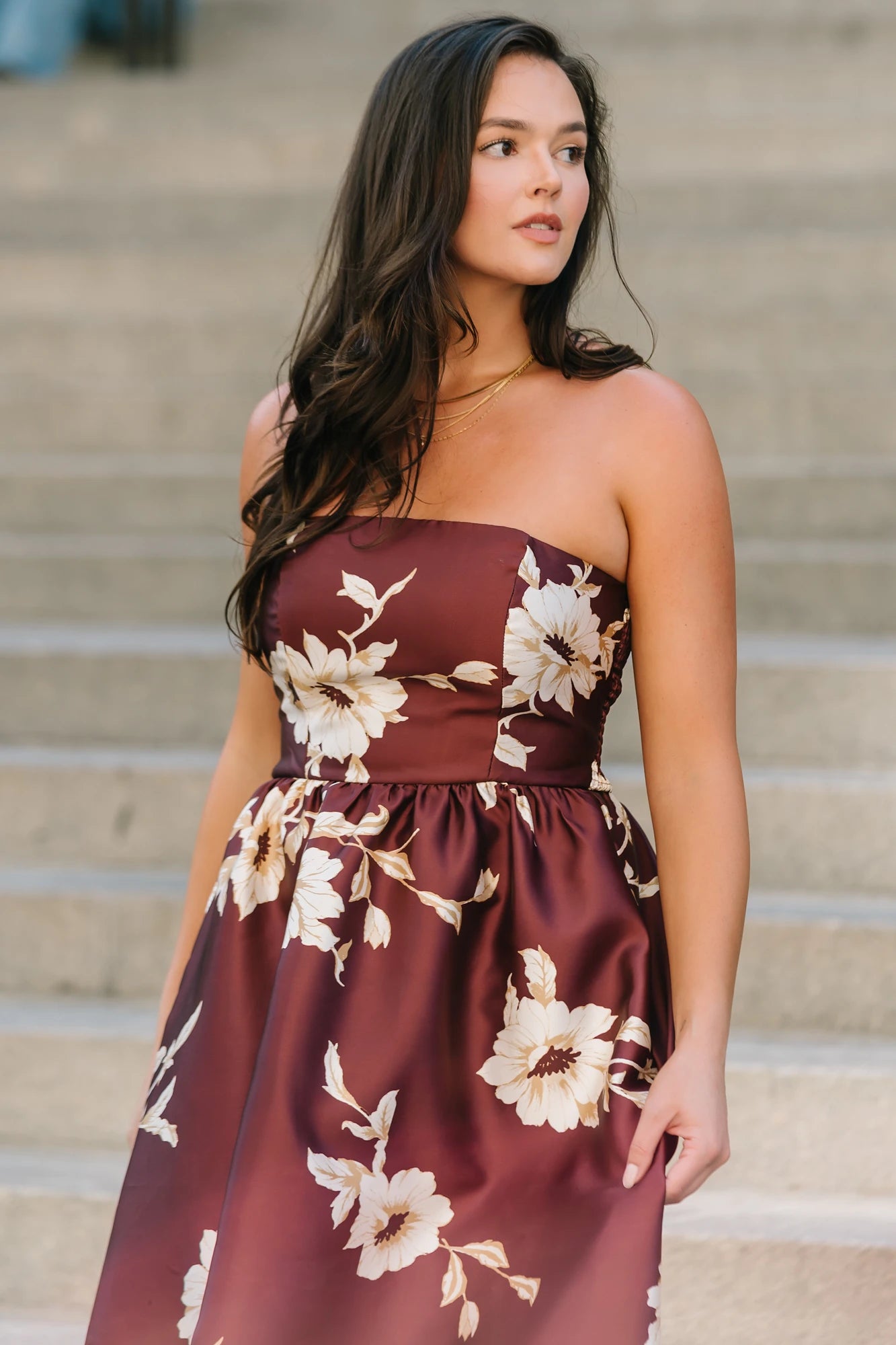 Rosette Strapless Maxi Gown | Mahogany Floral