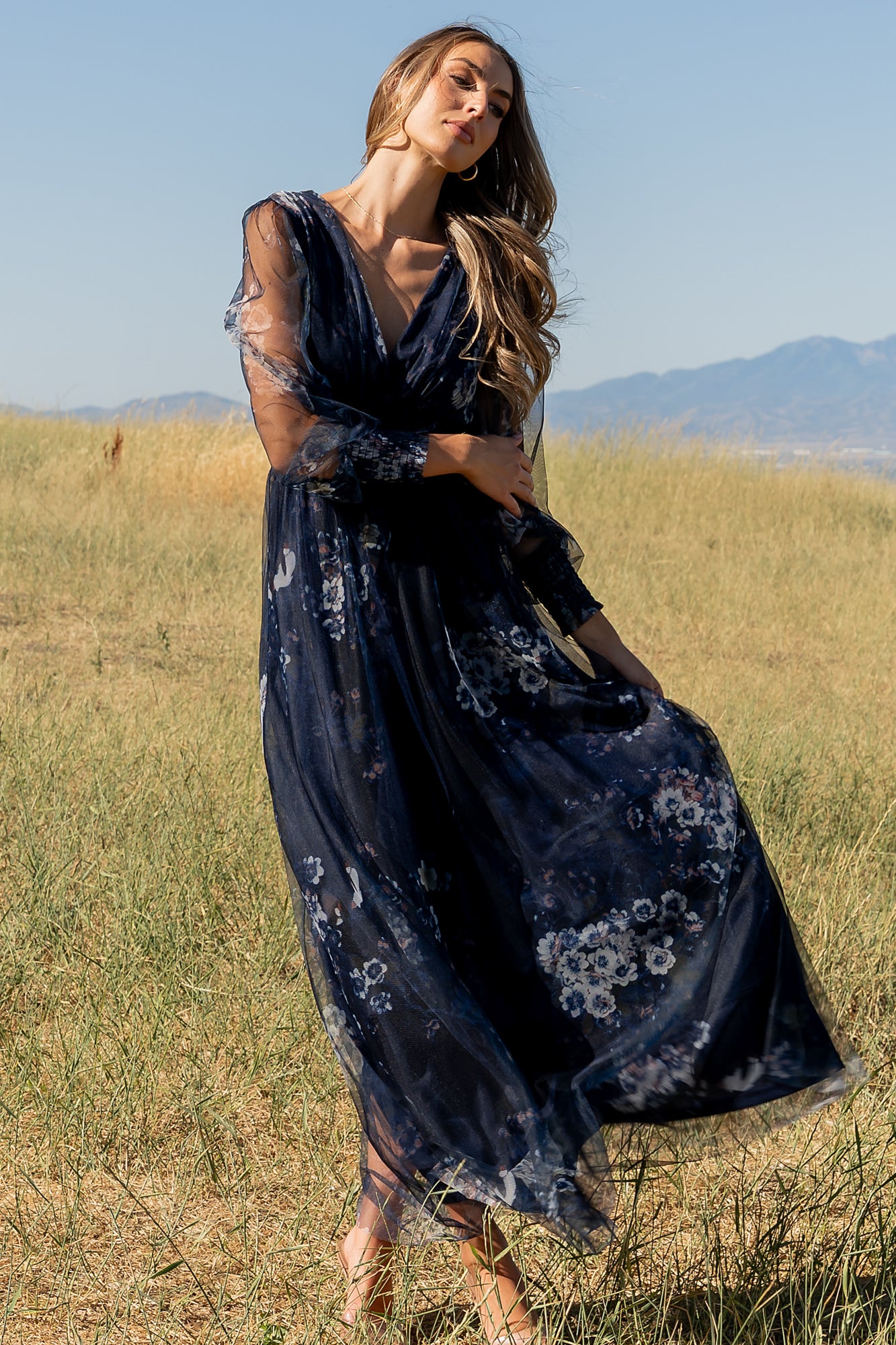 Baltic Born Womens Layla Tulle Maxi Dress | Navy Multi | Color: Dark Blue Floral