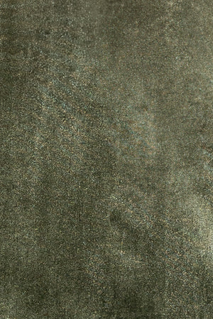 Close-up of Olive Tatiana Velvet fabric swatch showing plush pile, subtle sheen, and stretch texture on sample card.