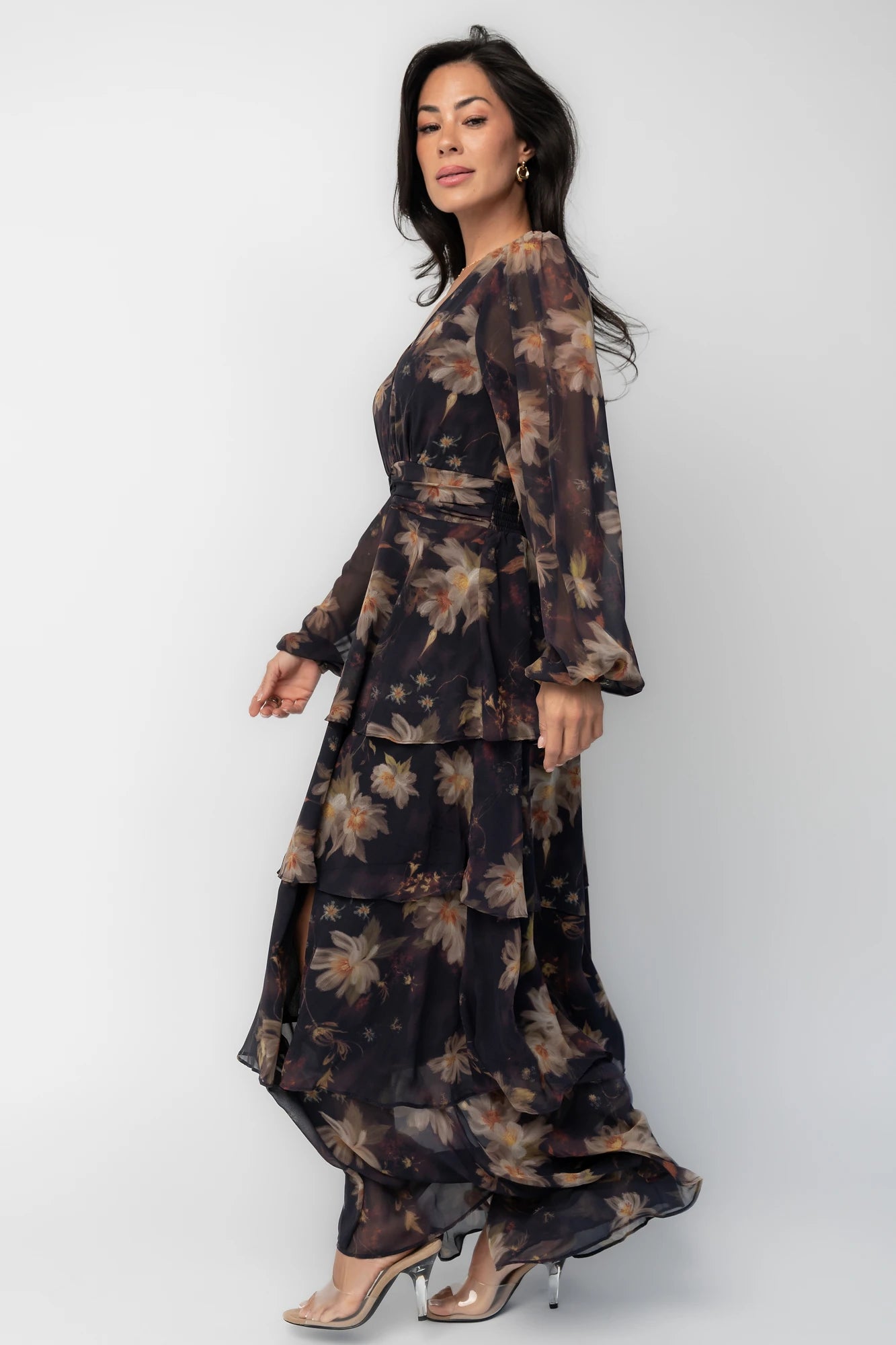 Baltic Born Womens Mariella Tiered Maxi Dress | Midnight Gold Floral
