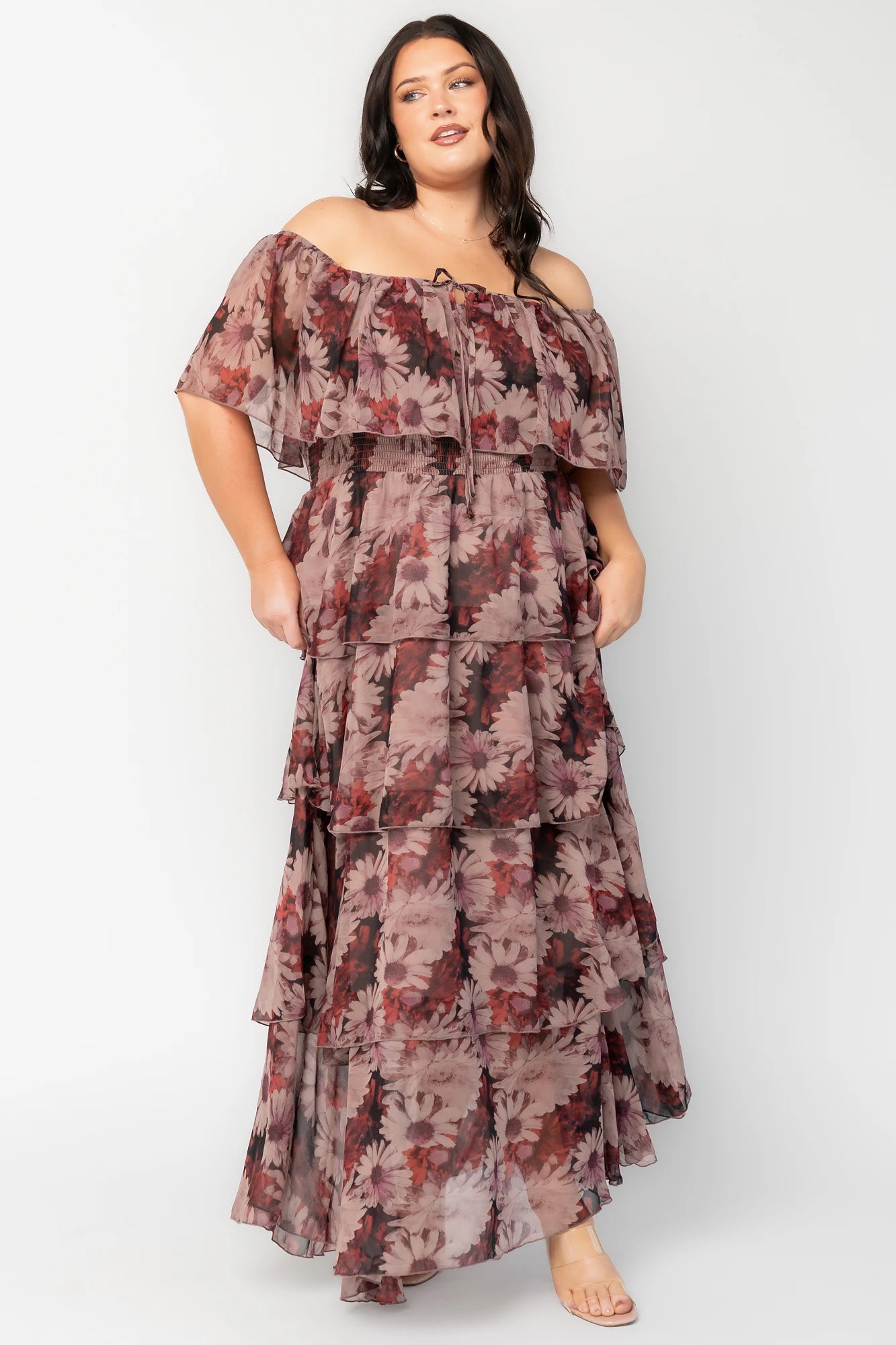 Carina Off-Shoulder Maxi Dress in Multi Floral with ruffle neckline, smocked waist, and four-tiered chiffon skirt.