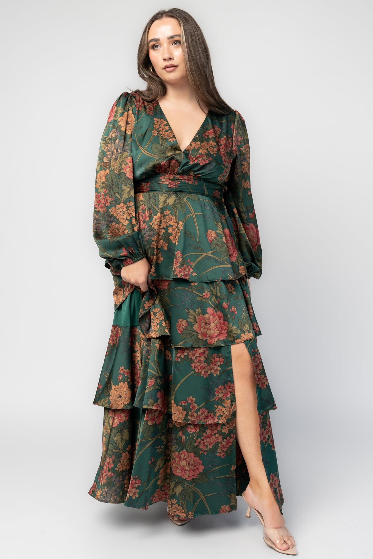 Montrouge Tiered Satin Dress | Emerald Floral