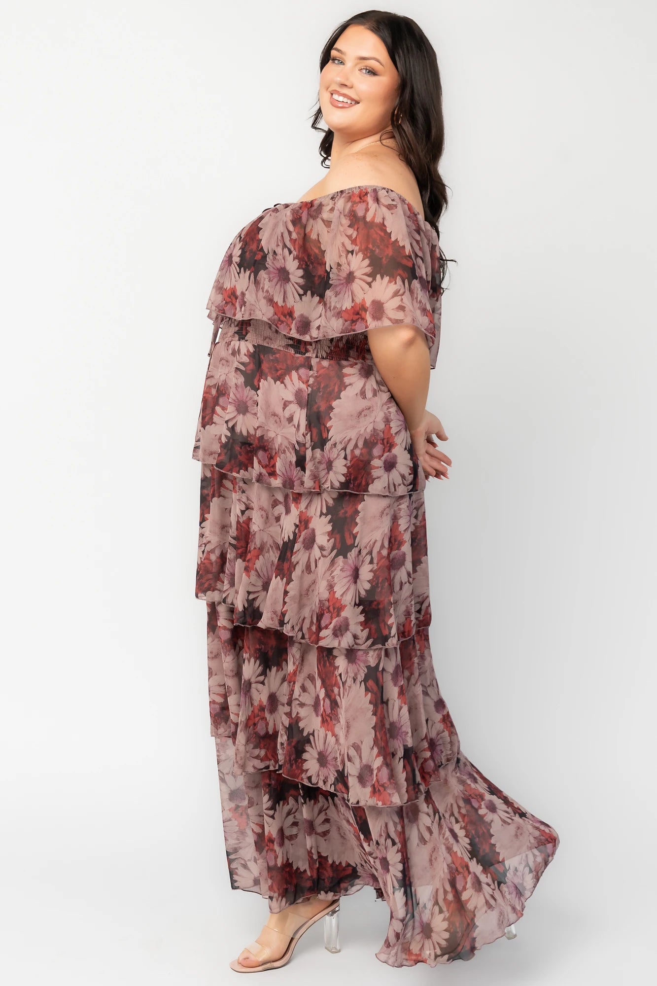 Carina Off-Shoulder Maxi Dress in Multi Floral with ruffle neckline, smocked waist, and four-tiered chiffon skirt.