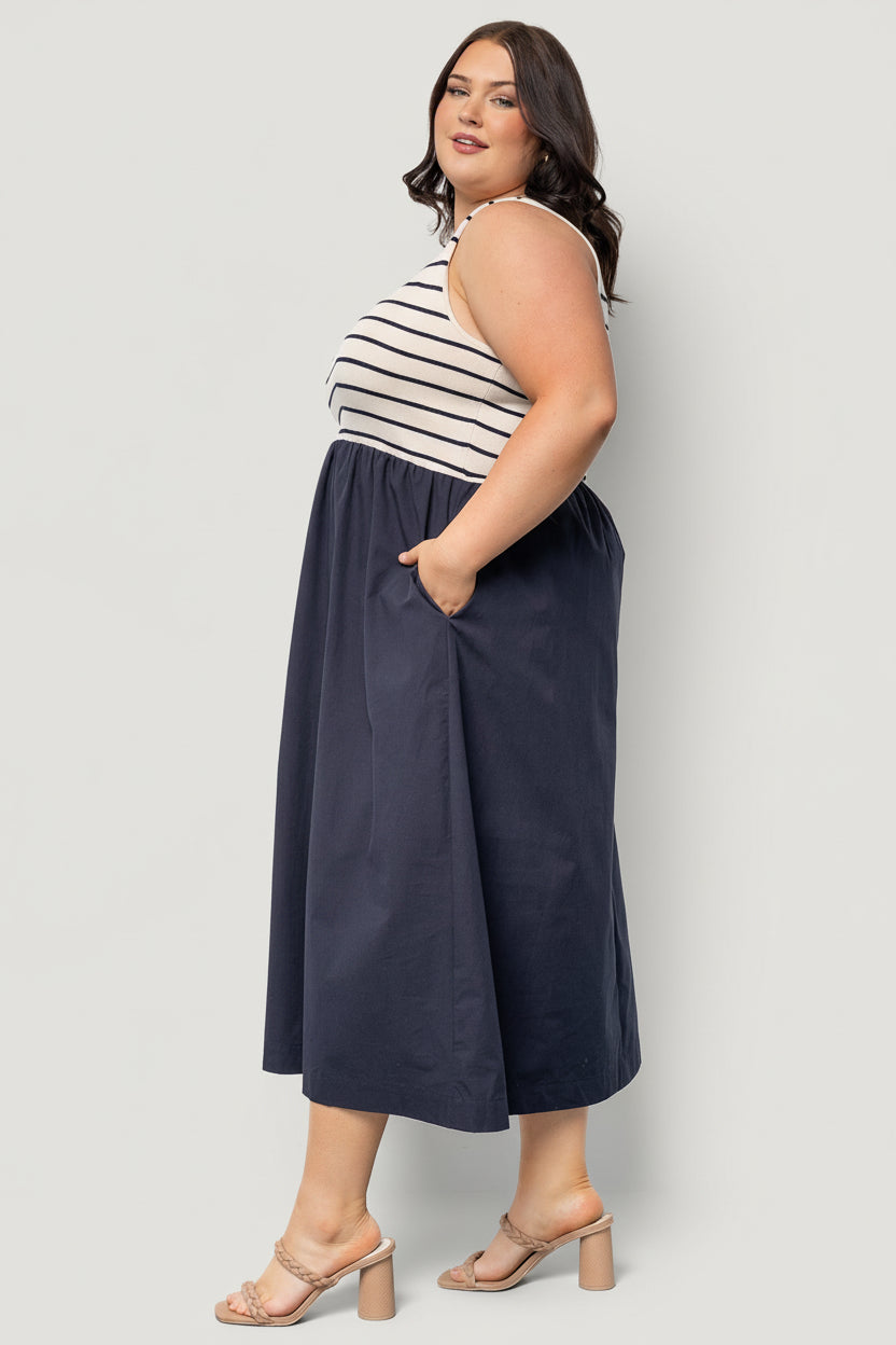 striped midi tank dress ctdiral Womens Cotton Stripe Midi Dress Boat Neck Sleeveless Tank Dress Solid Color Flowy A-Line Dress Summer Cocktail Party Fromal Dress Sky Blue S