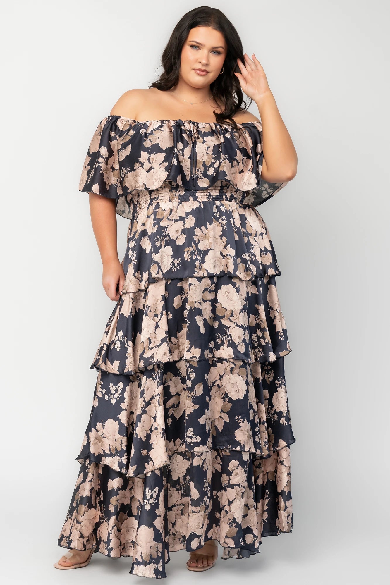 Isabelle Off Shoulder Maxi Dress in Multi Floral with elastic neckline, ruffle bust, smocked waist, and four-tiered skirt.