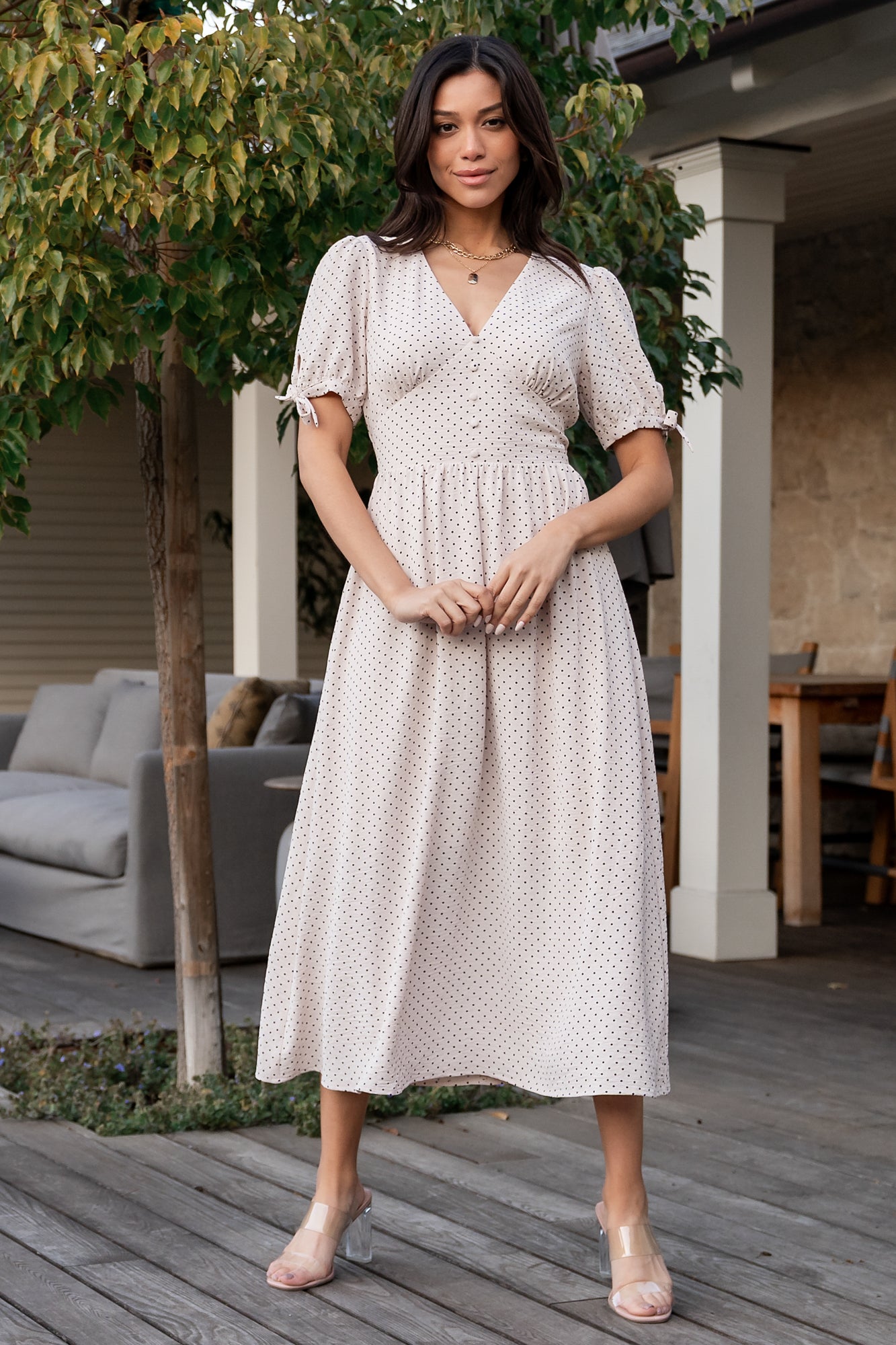 knee length dresses for ladies Womens Panelled Linen Midi Dress in Hazelnut