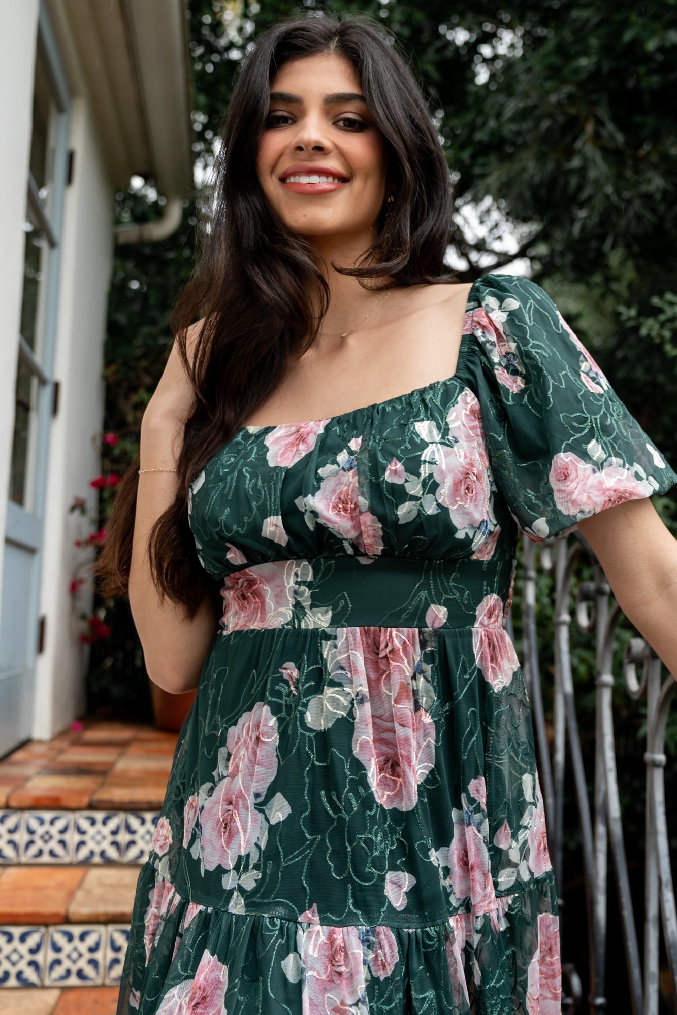 Baltic Born Womens Annabeth Midi Dress | Dark Green + Pink