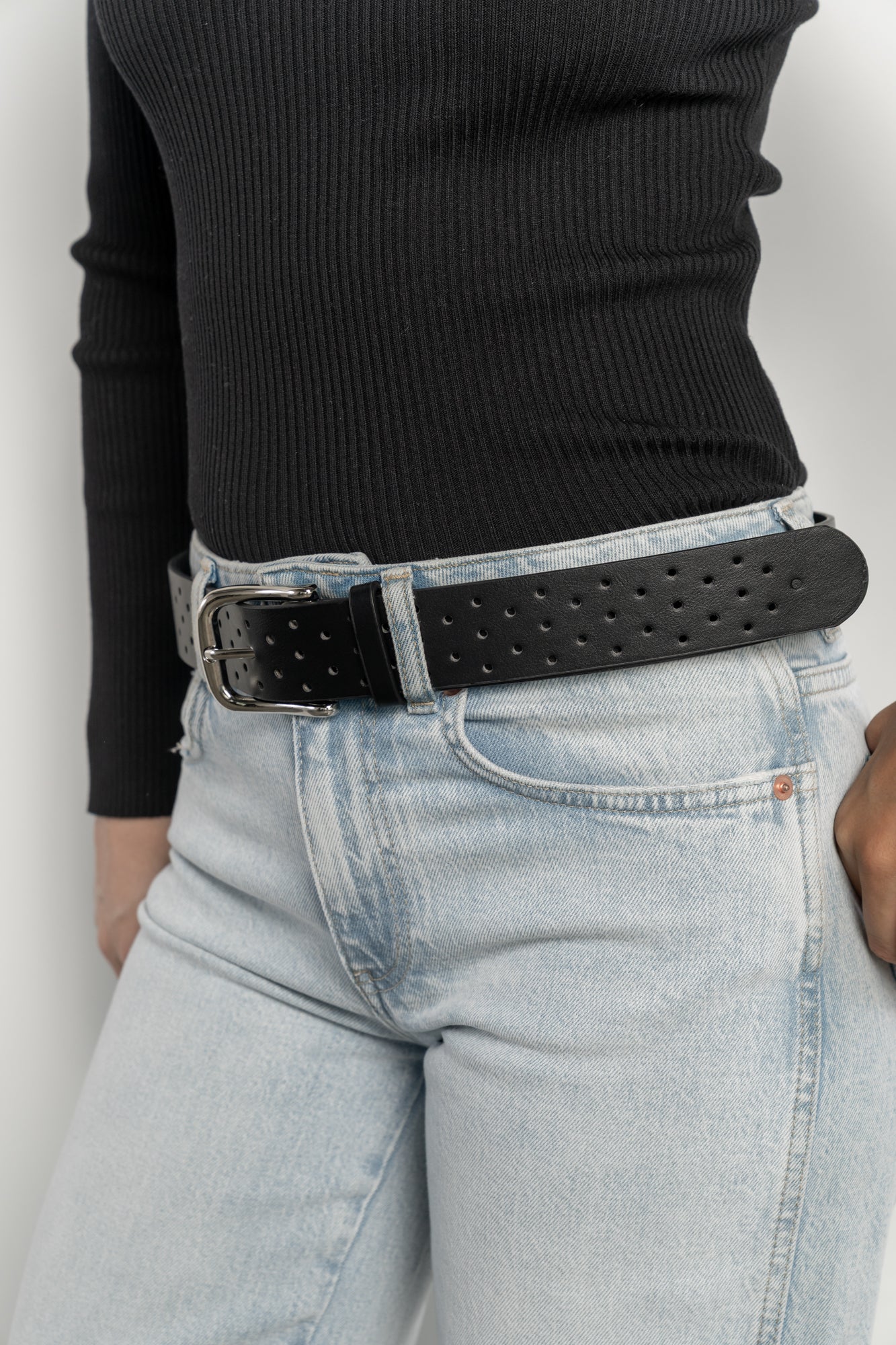 Jillian Hole Punched Faux Leather Belt | Black